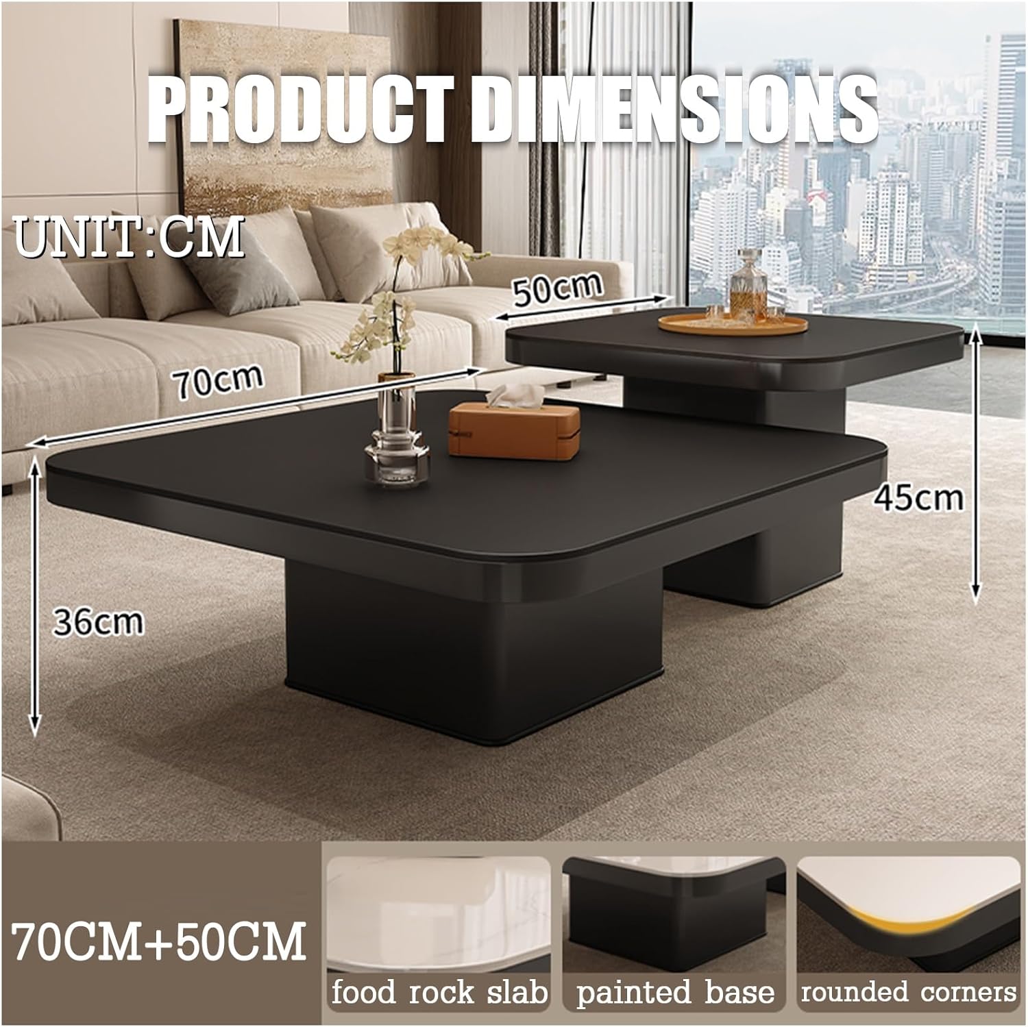 Storage Coffee Table, Nesting Coffee Table Set of 2, Modern End Table, Farm House Coffee Table, Living Room Table with Storage, Faux Marble Coffee Table for Living Room(Bright White,70cm)