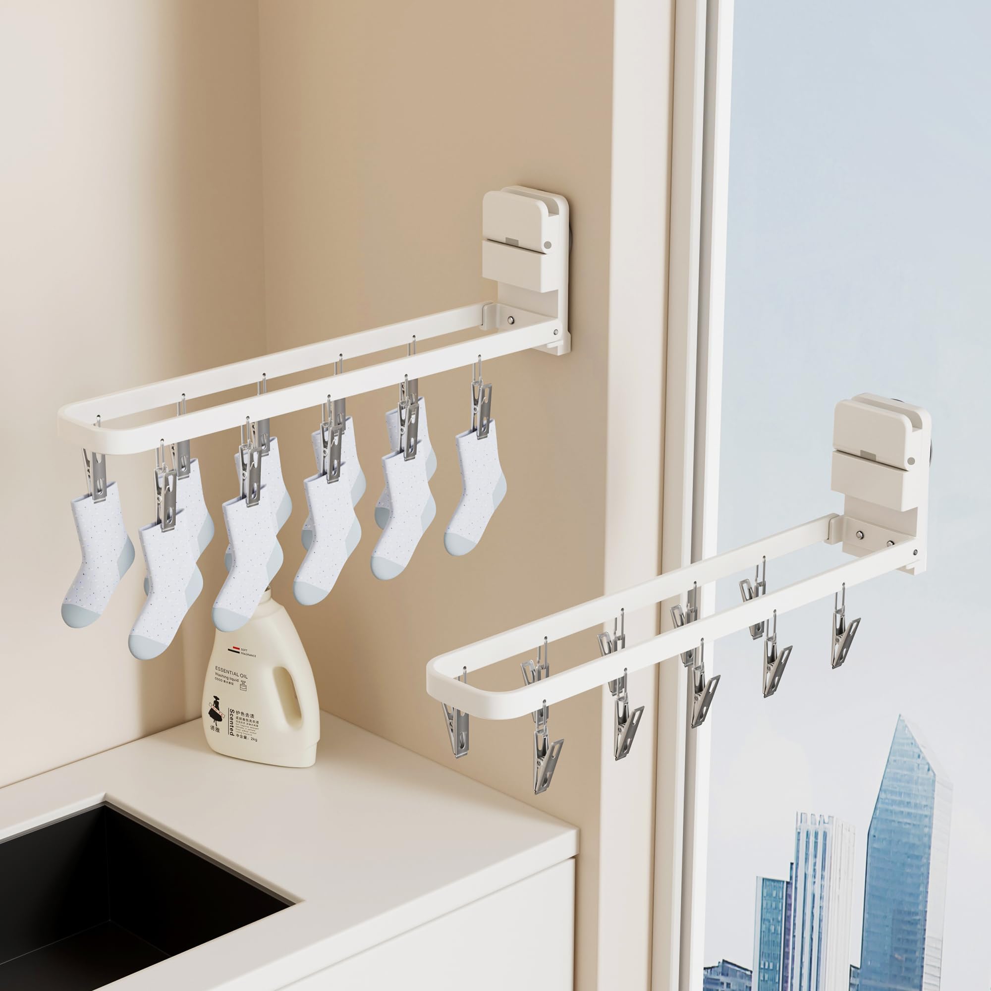 Stendibiancheria da parete con 20 clip, portatile e pieghevole, per asciugare calzini, reggiseni, biancheria intima, vestiti per bambini, asciugamani (bianco)