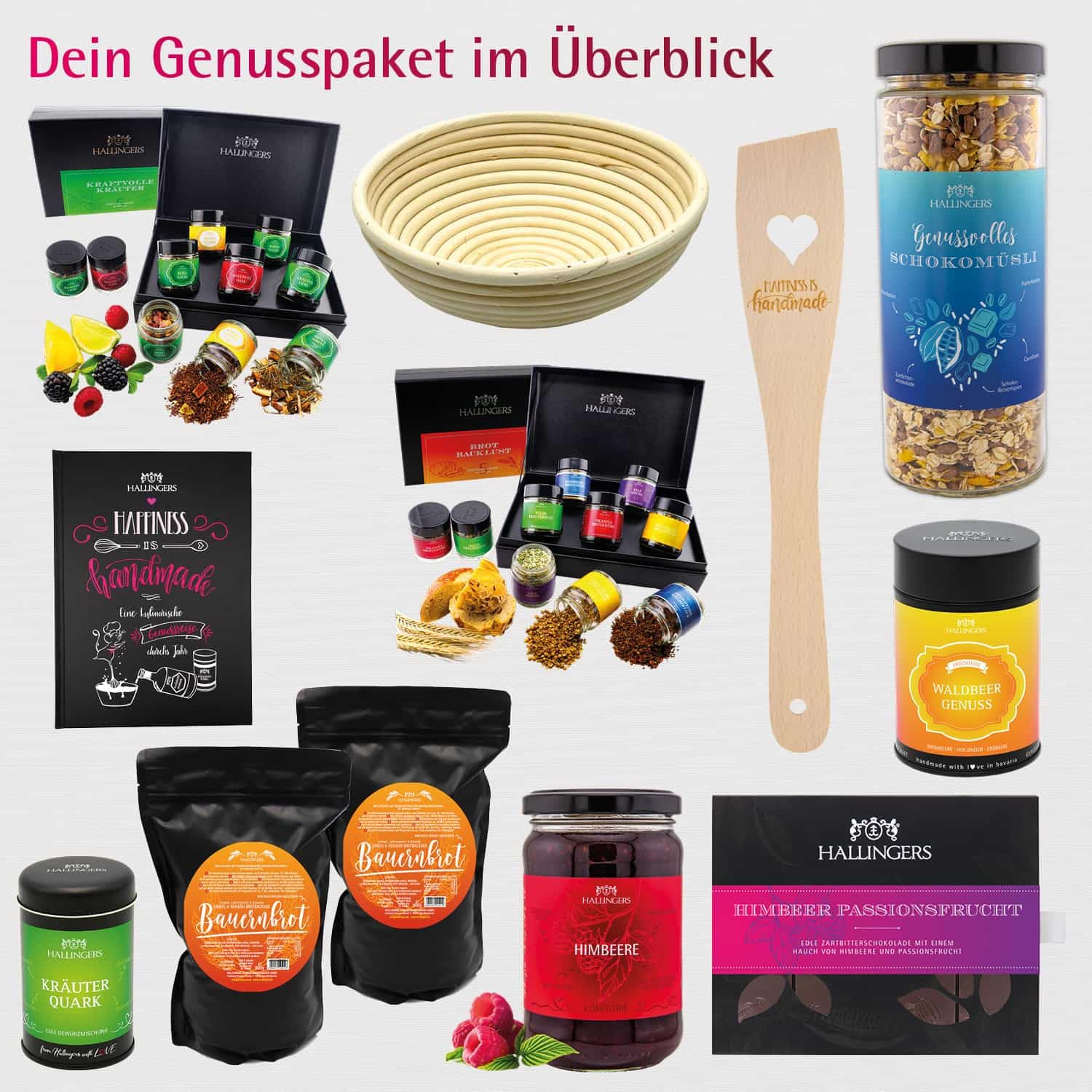 Hallingers Genuss Manufaktur Feinkost Geschenk-Set - XXL-Geschenkkorb "Bread & Breakfast" Selektion Brotbackmix, Kochbuch, Tee, Müsli, Gewürze, Konfitüre & mehr, Geschenkidee für Frauen Männer