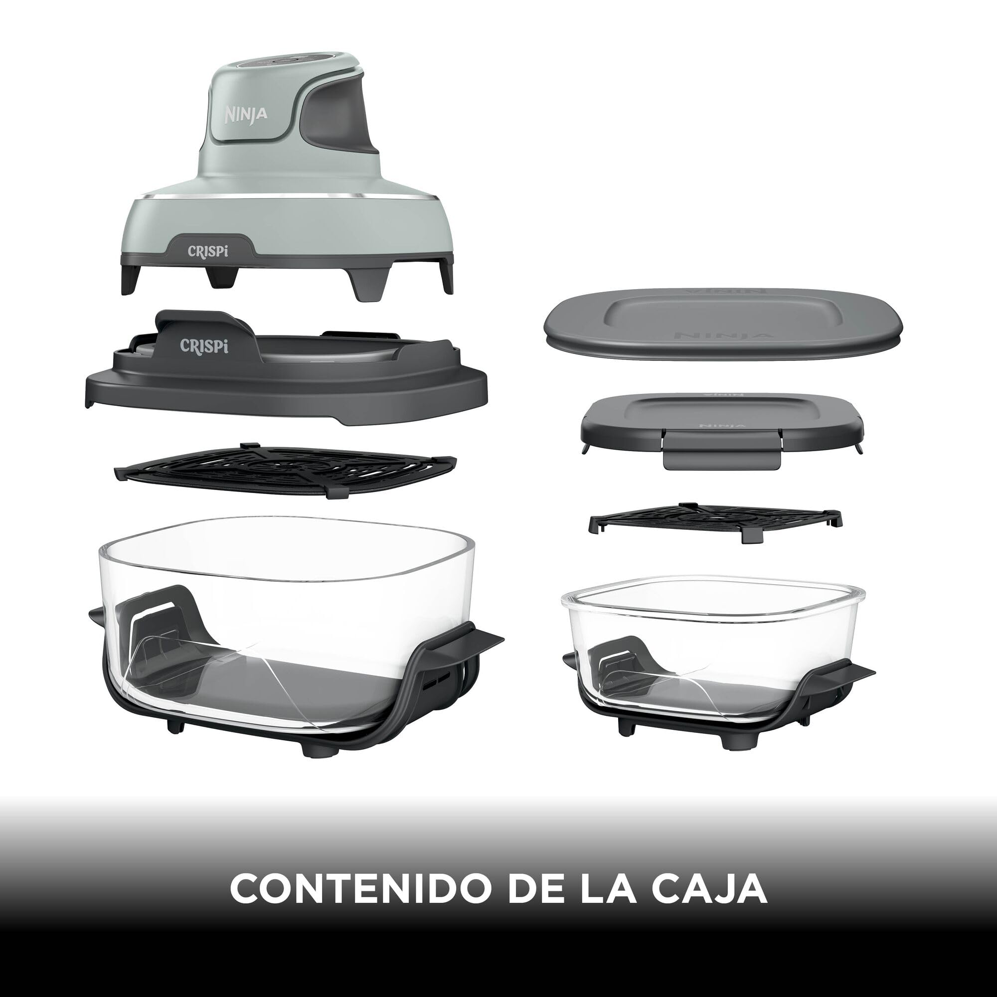 Ninja CRISPi Freidora de Aire portátil, 3,8 l, 4 en 1, freír con Aire, Asar, Mantener Caliente y gratinar, compacta, Incluye 2 recipientes de Vidrio extraíbles y Tapas