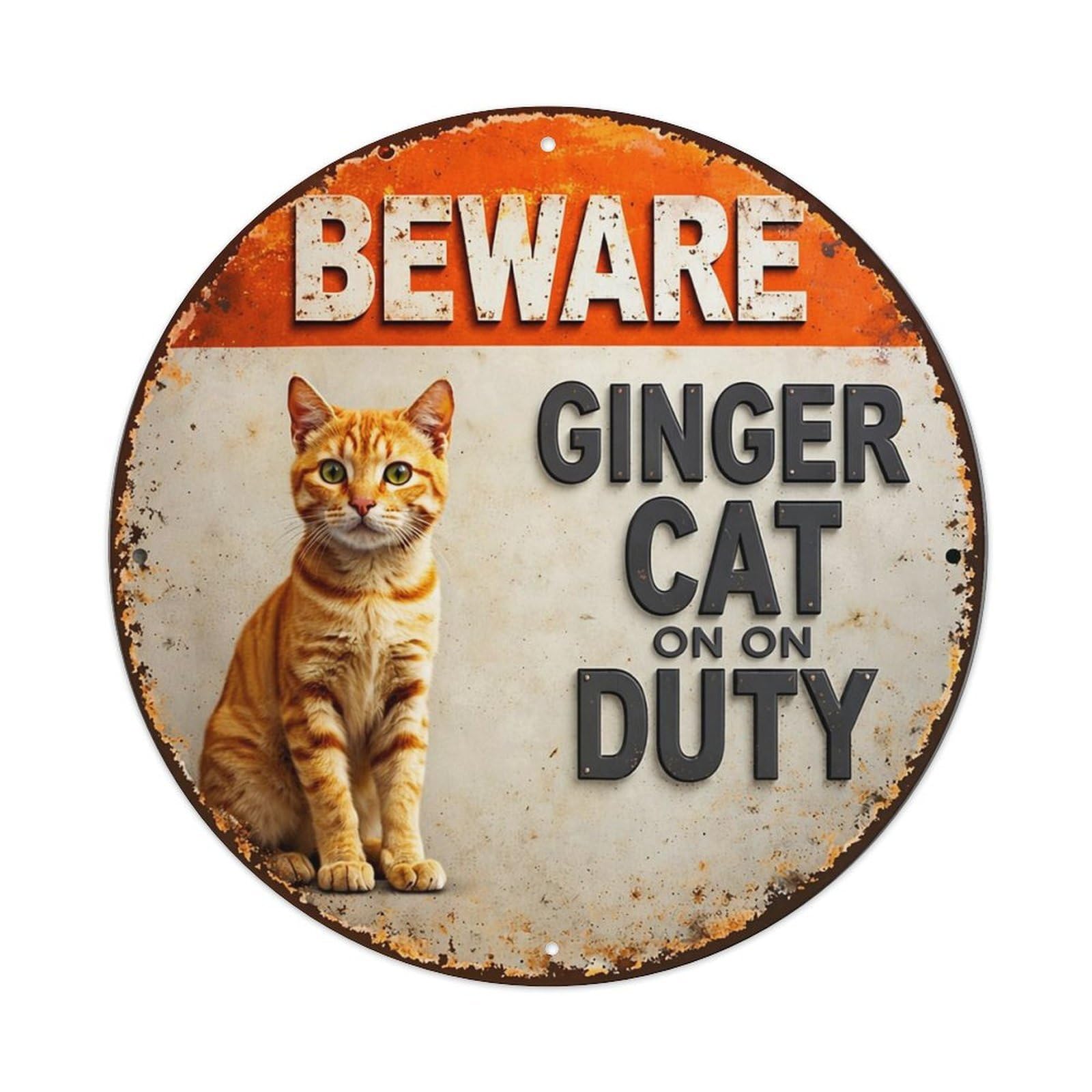 Beware Ginger Cat On Duty Vintage Round Tin Sign Retro Metal Wall Decor Metal Poster, Home Bar Garage Cafe Wall Art Decoration 8x8Inches