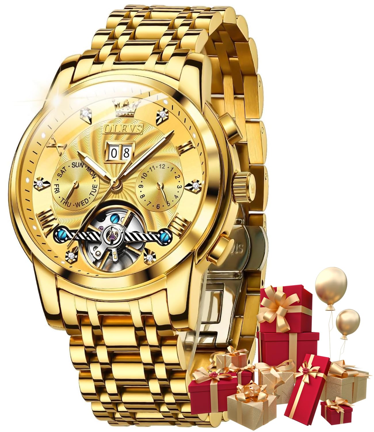 OUPINKE Herrenuhren Automatik Skelett Mechanische Armbanduhr mit Diamanten Tourbillon Wasserdicht Luminous Tag Datum Schwarz Edelstahlarmband