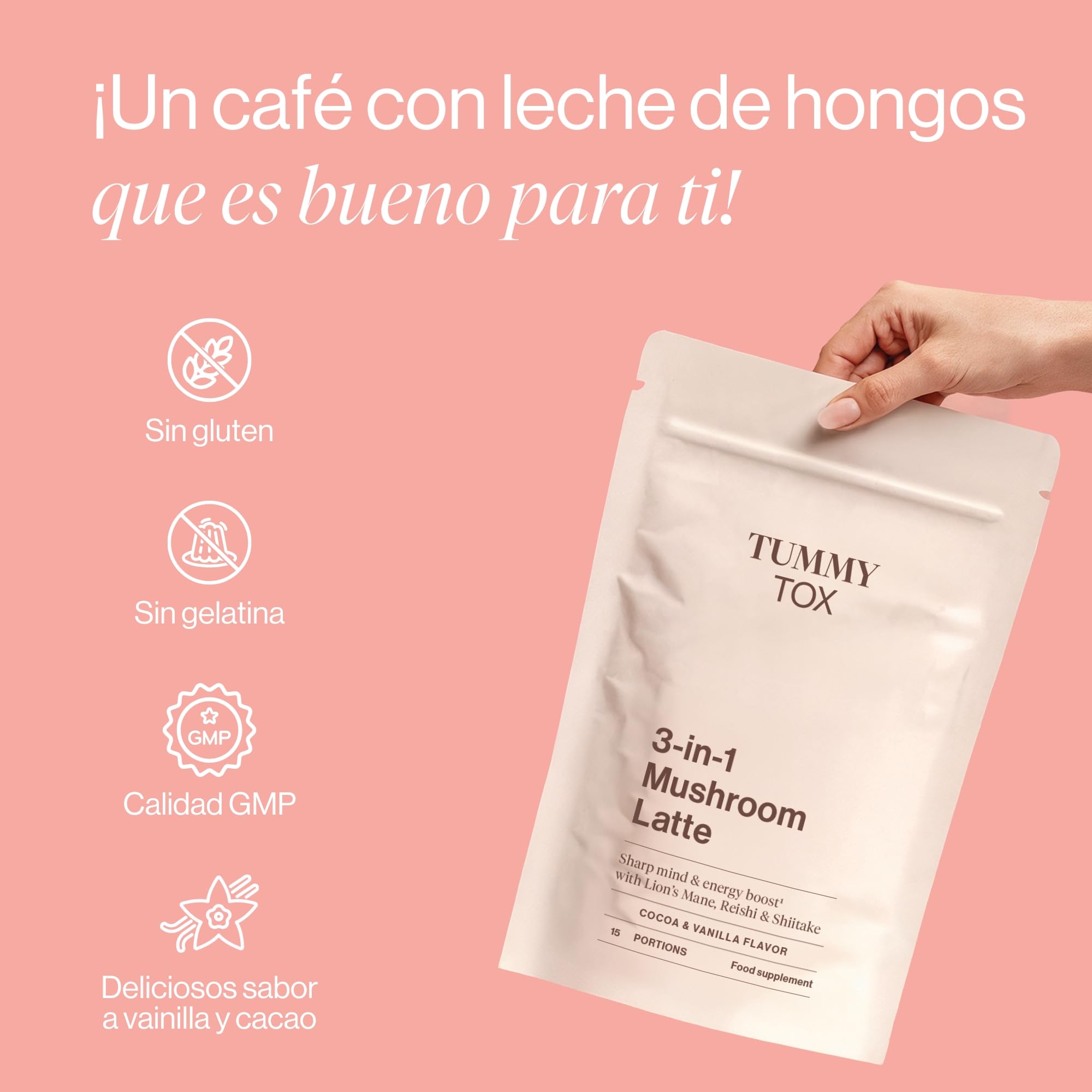 Tummy Tox 3-en-1 Mushroom Latte - Melena de Leon Hericium (Lions Mane), Reishi, Shiitake y Guaraná - Focus, Memoria, Concentración - 15 porciones - Sabor a Cacao y Vainilla