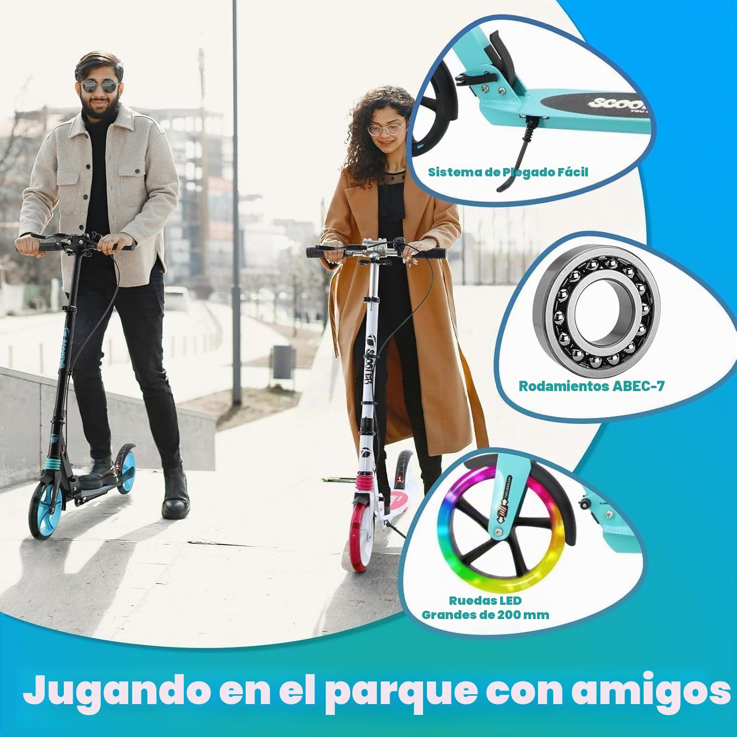 Patinete para niños de 8 a 12 años en adelante, freno de mano plegable rápido para adultos, patinete con correa de transporte y altura ajustable, ruedas grandes de 200 mm para adultos y adolescentes