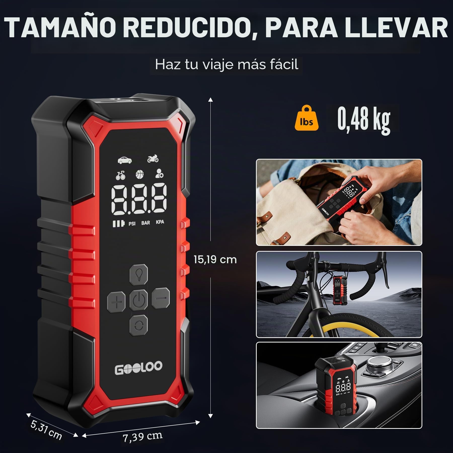 GOOLOO A6 Gear Mini Compresor Eléctrico 160PSI Pantalla Digital | Bomba Portátil 11 Bar, Apagado Automático, Inflador Electrico Con Luz LED, Para Bicicleta, Coche, Moto Y Balones