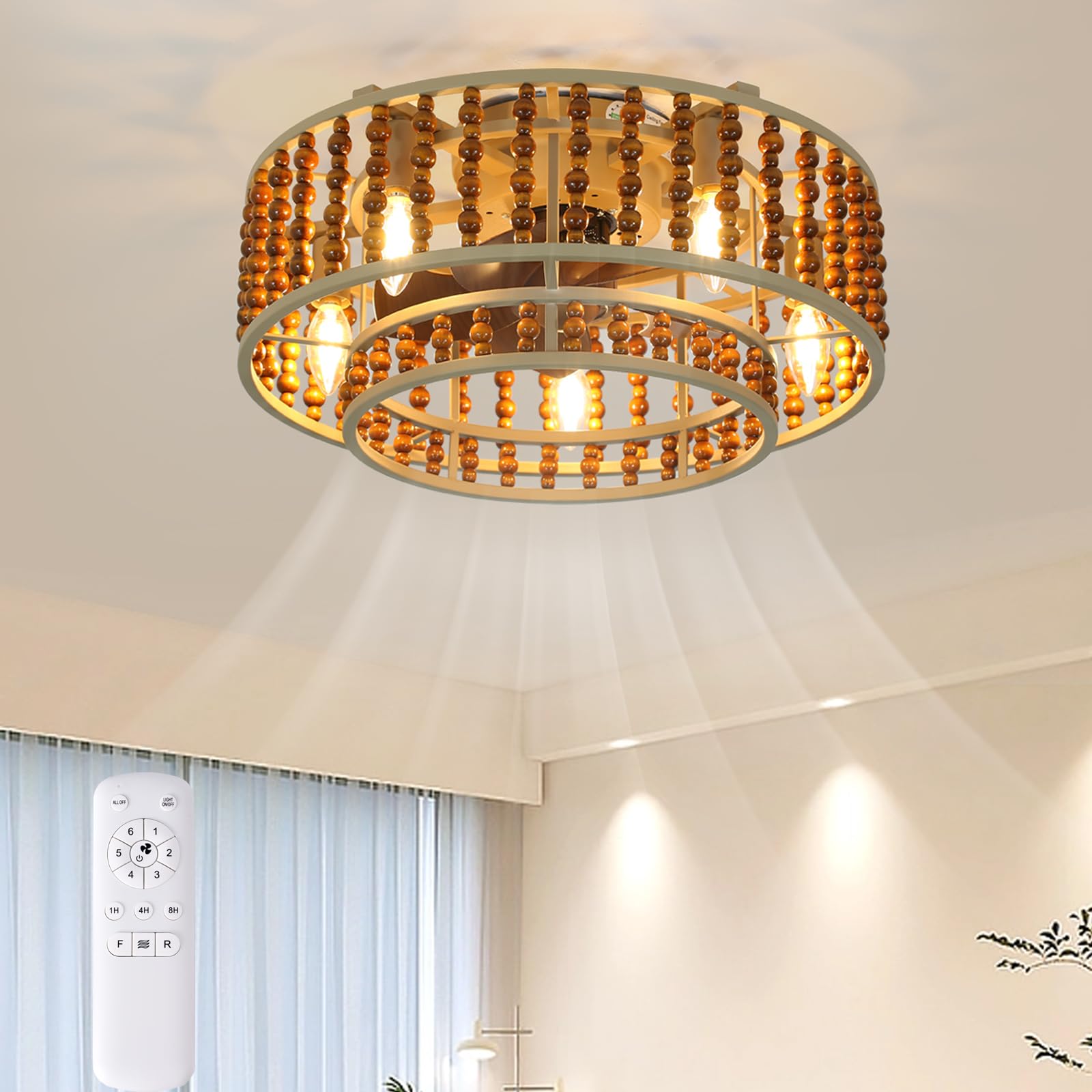 Beaded Flush Mount Ceiling Fans with Lights and Remote Control, 19 Inch Boho Caged Low Profile Ceiling Fan, 6-Speed Reversible Motor E12 Bulb Base Fandelier for Bedroom Dining Room Kitchen