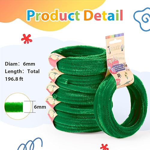 Miniatura 2 de Caydo Limpiadores de tuberías en espiral de color verde, tallos de felpilla de 32.8 pies para niños, proyectos creativos de bricolaje, vacaciones,