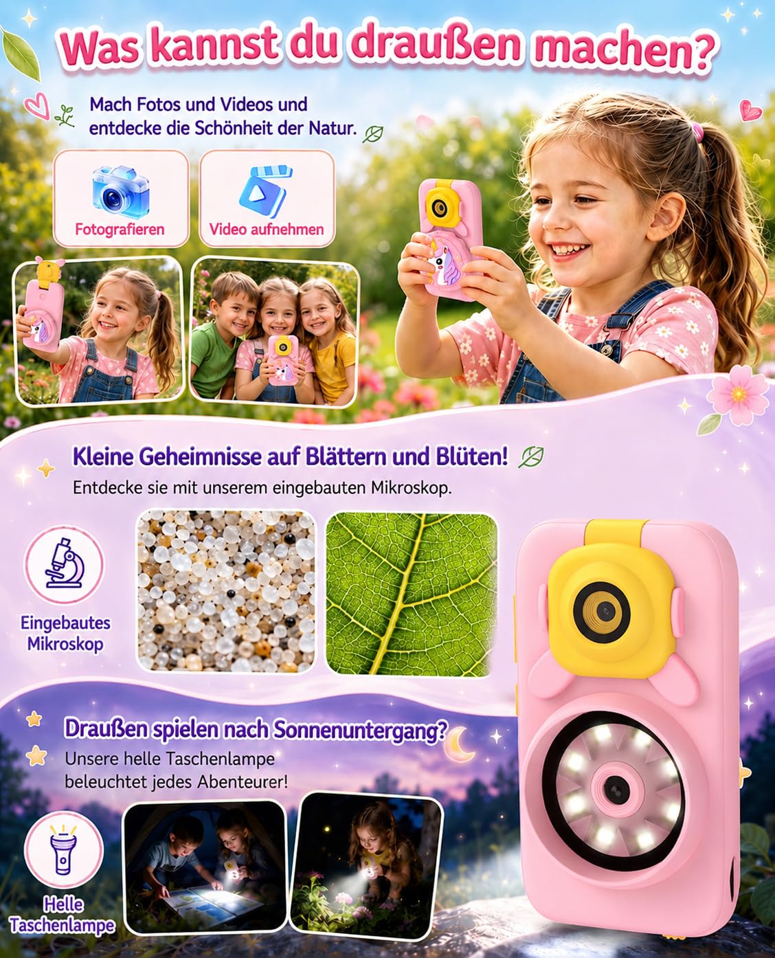 Telephone Enfant avec Microscope 100X et 32G Carte pour Filles 3-8 Ans | 100X Microscope Camera, 32G 600mAh MP3 Histoires, Ecran Tactile 2.8 Jeux ABC, Licorne Fille 3-8 Ans, Cadeau Anniversaire