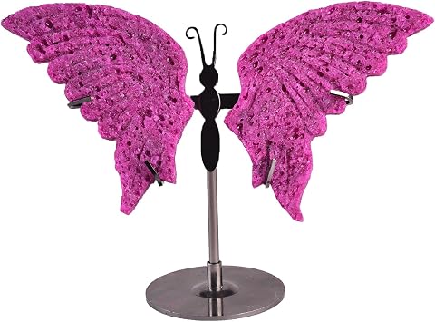 JIC Gem Red Corundum Quartz Crystals Butterfly Art Decorative Natural Rough Rocks Healing Crystal Carved Angel Wings with Display Decor Reiki Gifts 1pair, 10cm
