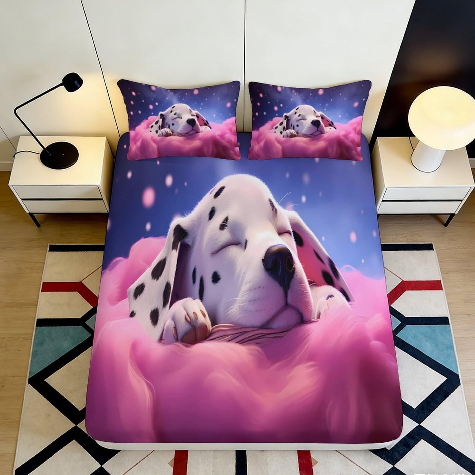 Pnayamiorkfel Style-10 3D Printed Sleeping Dalmatian Fitted Sheet Microfiber Pink Cloud Bed Cover Anti-Slip Machine Washable For Bedroom Decor 90X200x25cm