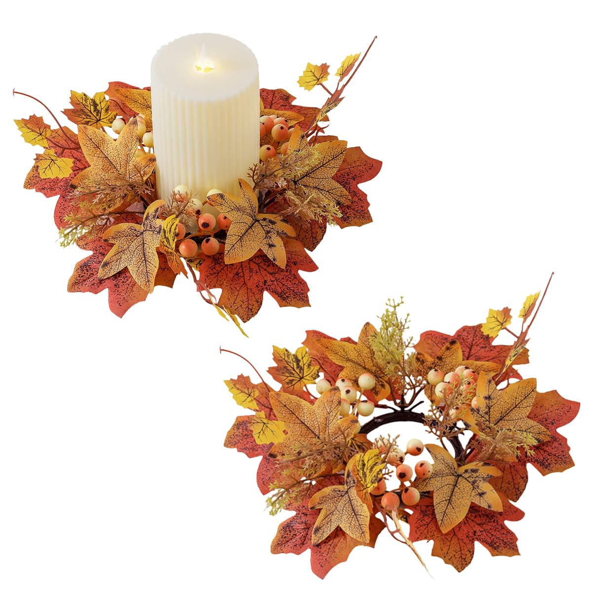 Couronnes De Bougies D'automne – Lot De 2, Décor Feuilles D'érable Et Baies Pour Thanksgiving, Halloween | Anneaux Pour Bougies Piliers, Diamètre 25 Cm