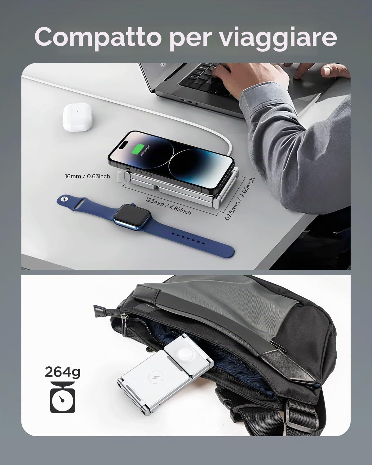 Caricatore wireless 3 in 1 pieghevole in lega di zinco[Compatibile con il caricatore Magsafe],Stazione di ricarica magnetica per iPhone serie 15/14/13/12,per AirPods,iWatch-Bianca