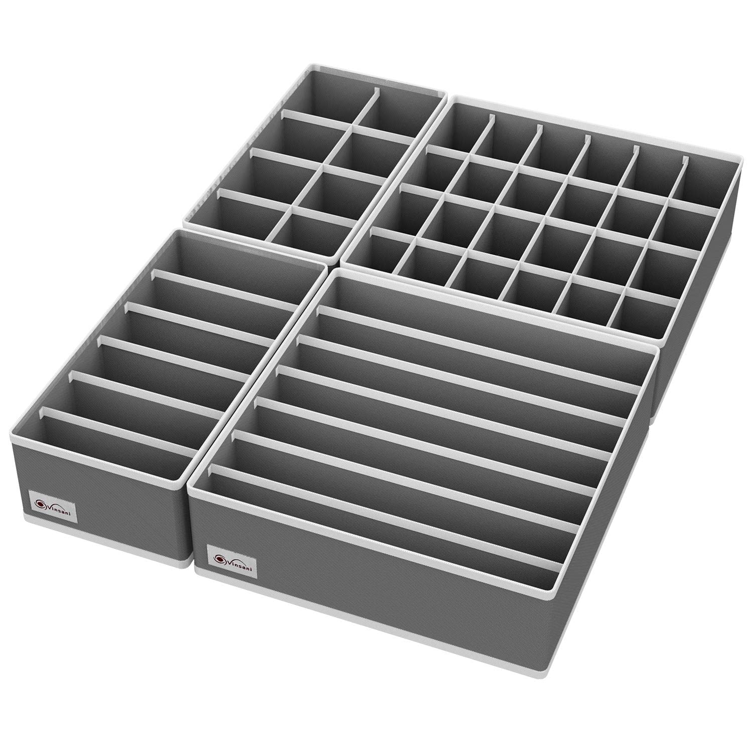 Vinsani Drawer Organiser Set of 4 Wardrobe Storage Dividers for Closet Undies Underwear Bra Socks Clothes Dresser Foldable Partitioned Cell Bedroom Storage Box – Dark Grey