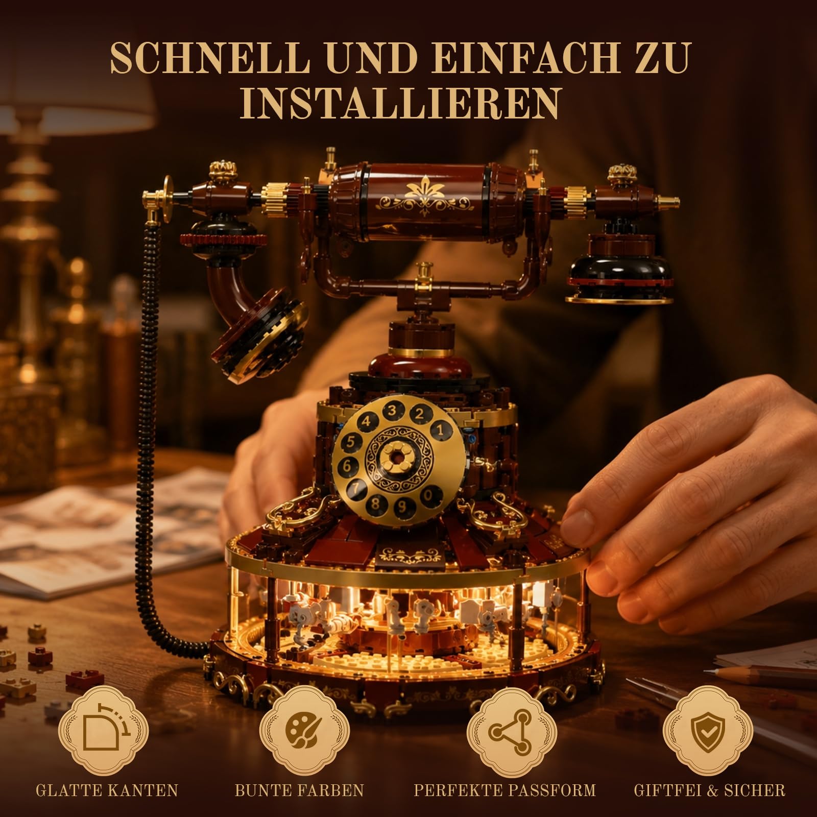 2 IN 1 Retro Telefon mit Licht, Modellbausatz Klemmbausteine für Erwachsene | 1130PCS Karussell-Baukasten, Vintage Deko, Vintage-Geschenk für Alle, Kreatives Wohnaccessoire, Sammler und Hobbyisten