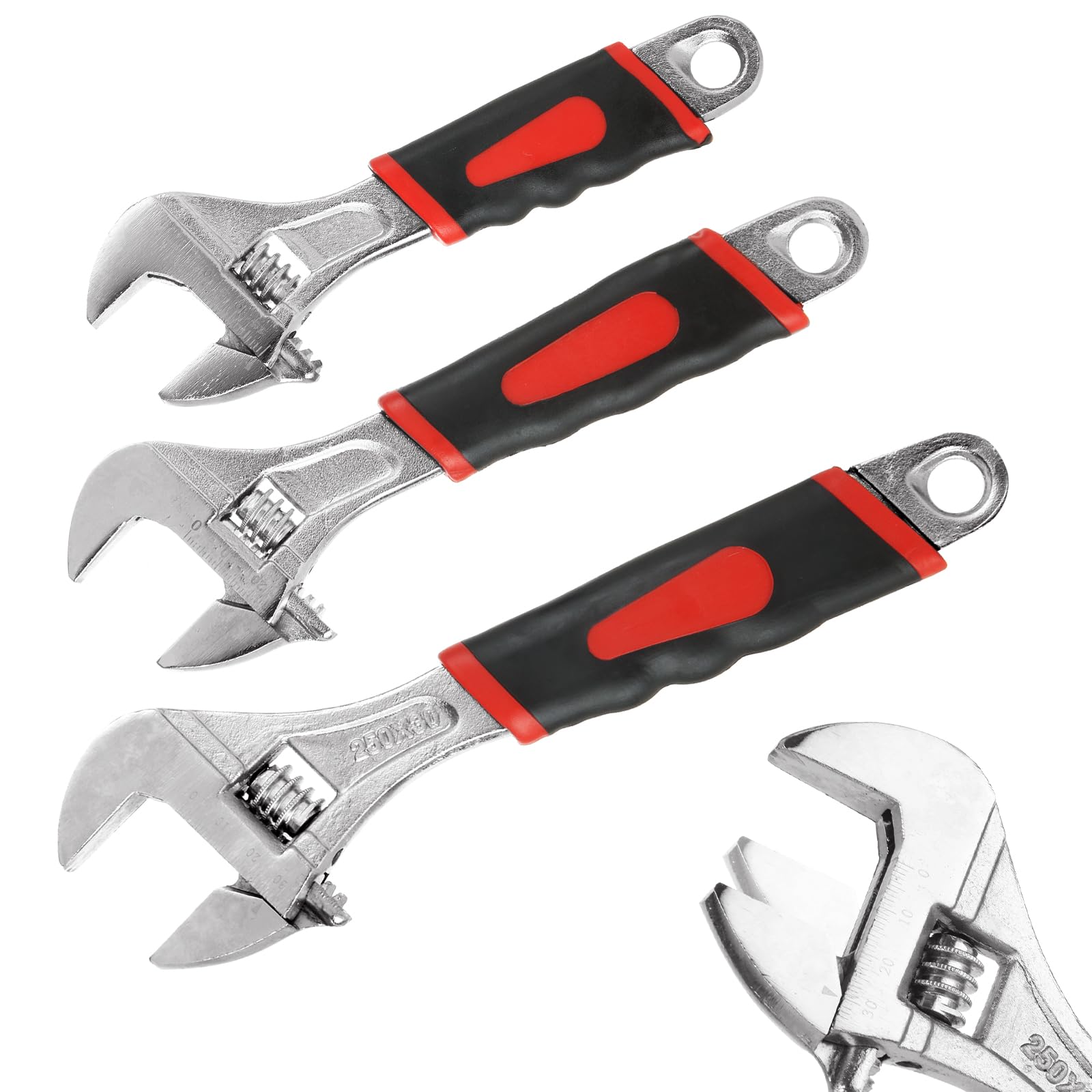 Oungy 3 Pcs Adjustable Wrench Set, 10/8/6 Inch, Crescent Soft Grip Non-Slip Wrench with Laser Etched SAE Graduations for Home, Garage, Workshop and