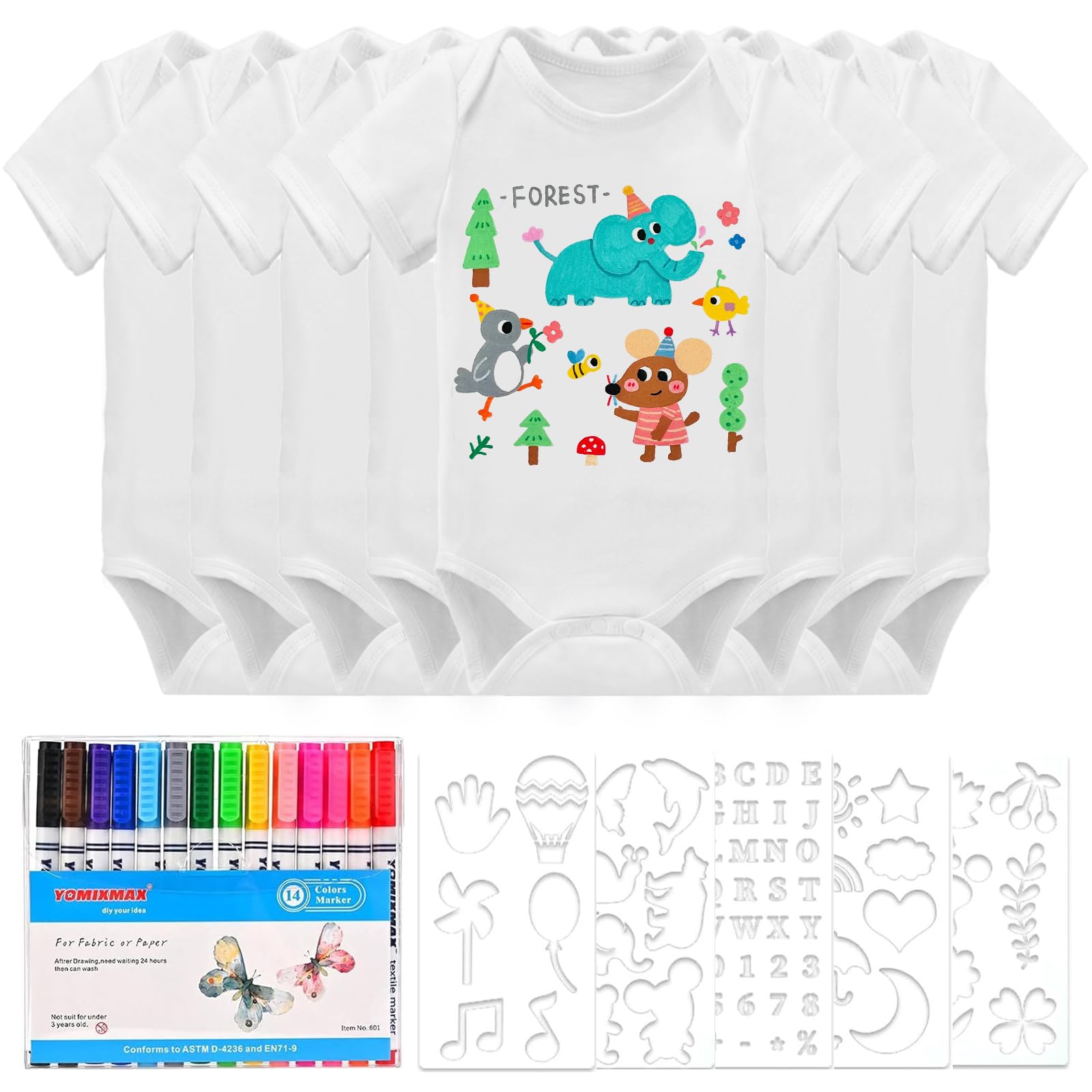 Juego De Bodis Y Baberos Para Pintar - 4 Bodis + 4 Baberos + 14 Rotuladores, Ideal Para Baby Shower
