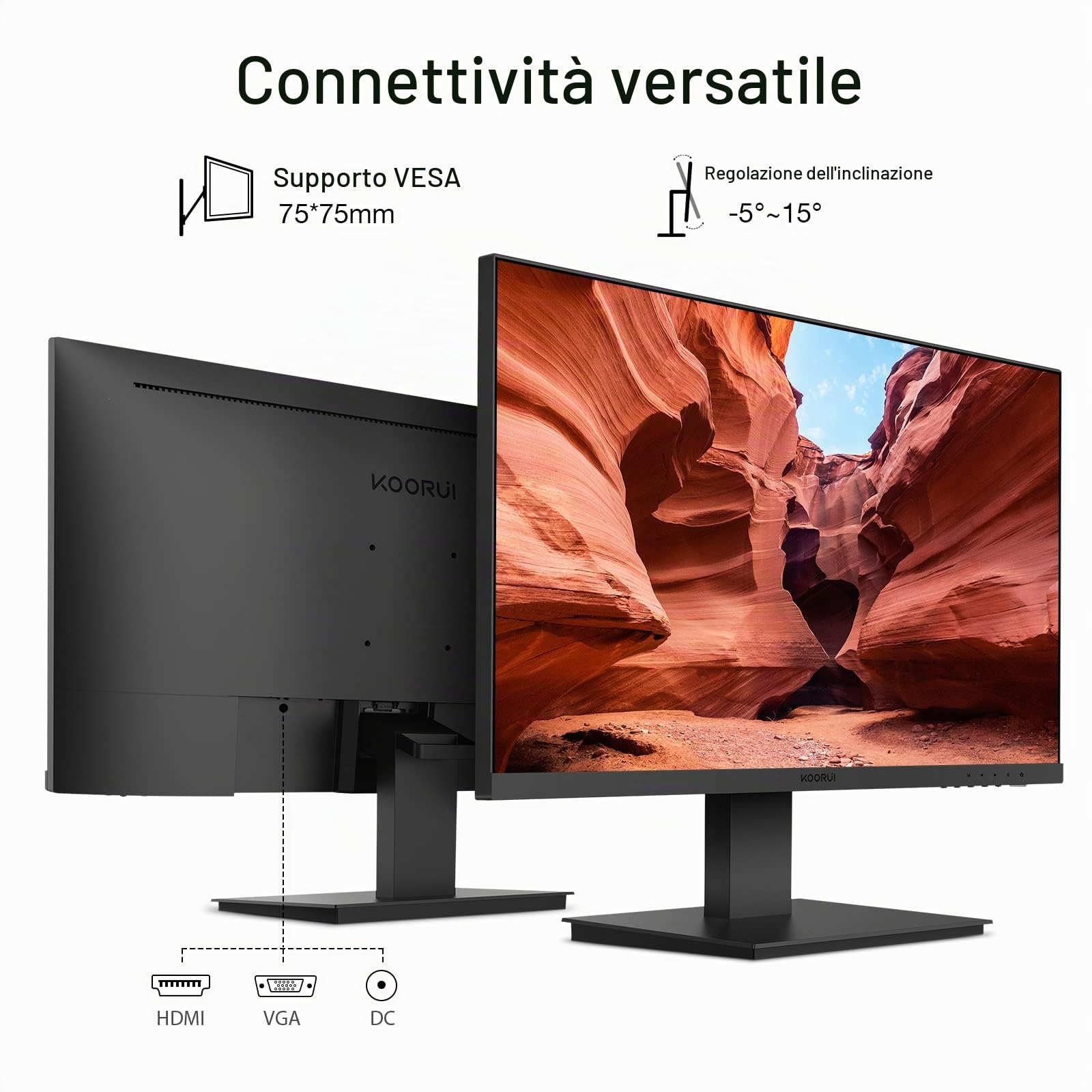 KOORUI Monitor 24 pollici full HD, 75 Hz, 5 ms, Eye Comfort, gamma di colori sRGB 99%, (1920 x 1080, HDMI, VGA, inclinabile, VESA 75x75) nero