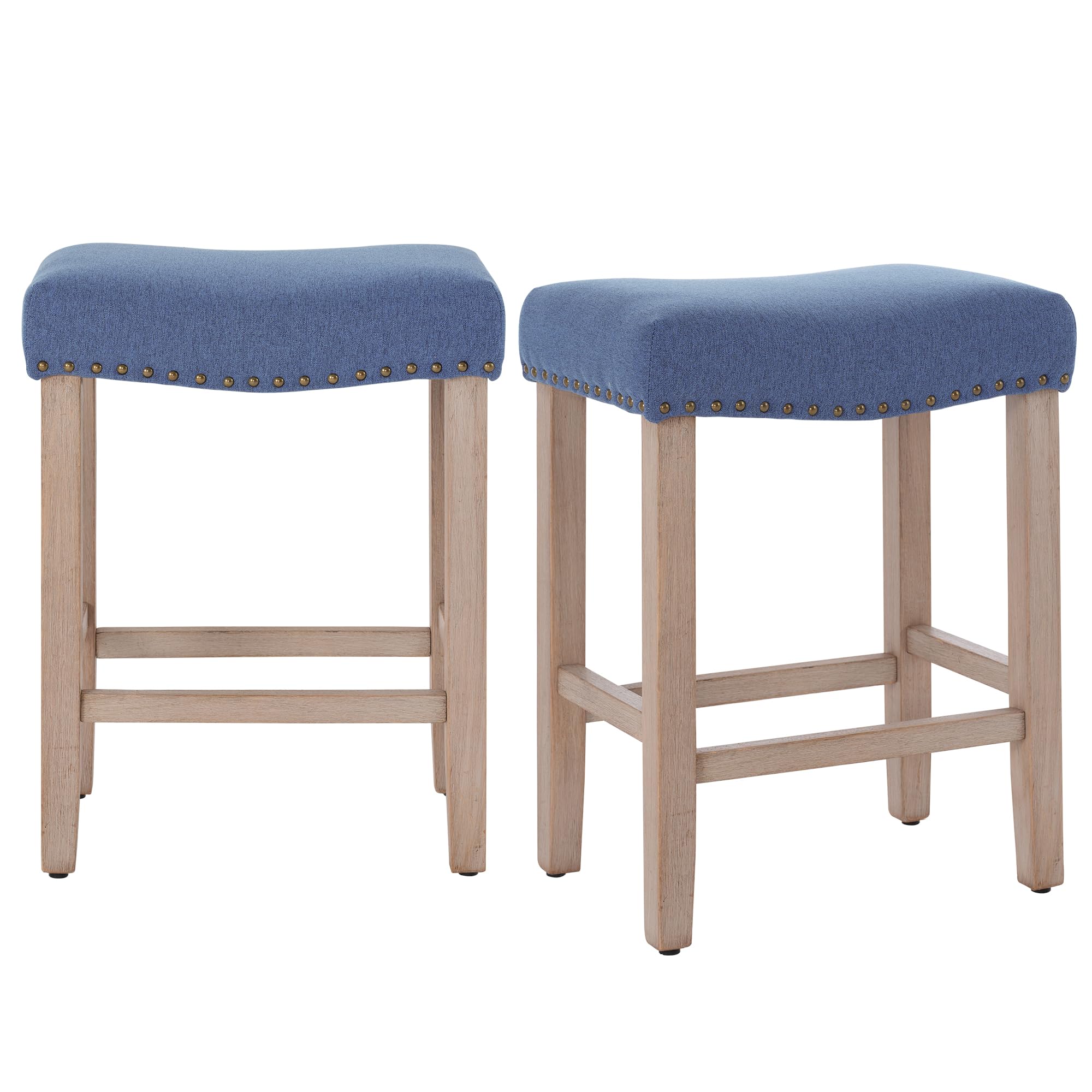 TENLLEY Bar Stools Set of 2,24 Inch Counter Height Barstools for Kitchen Island,Vintage Nailhead Trim Saddle Backless Bar Stools(Blue)