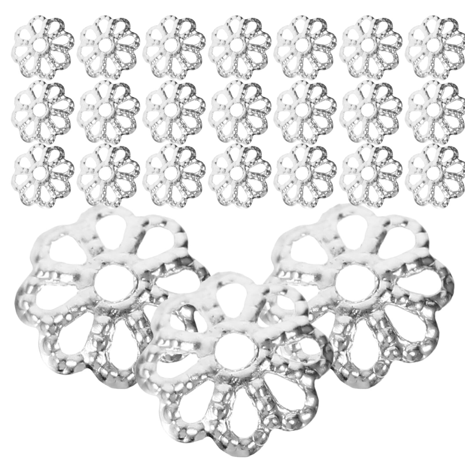 TEHAUX 1200Pcs Silver Metal Flower Bead Caps, 9Mm Hollow Multi-Petal Spacer Beads for DIY Jewelry Making Earring, Bracelet, Necklace