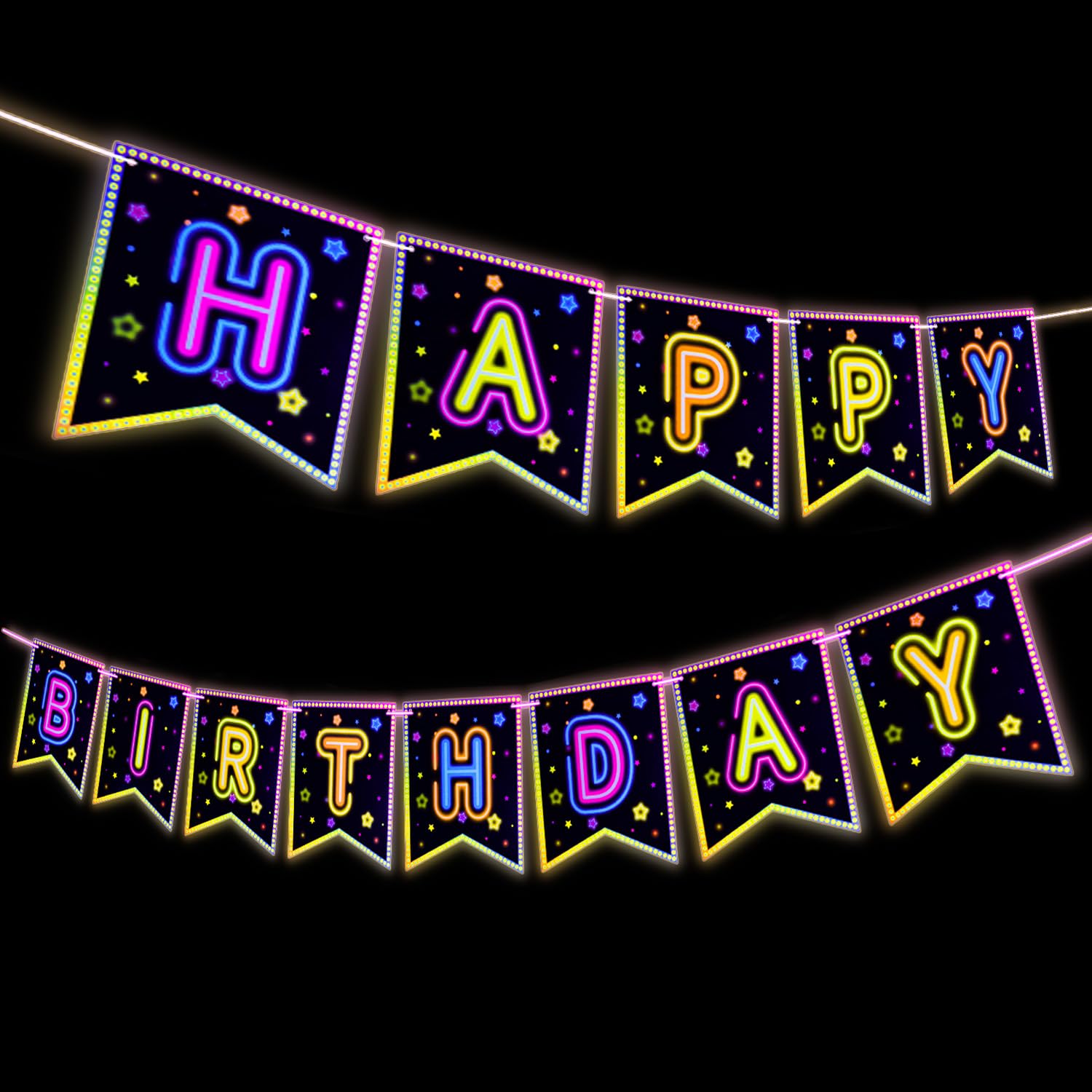Neon Glow Happy Birthday Banner, Prestrung Happy Birthday Neon Sign Glow in The Dark Party Banner for Black Light Fluorescence Party Supplies Decorations