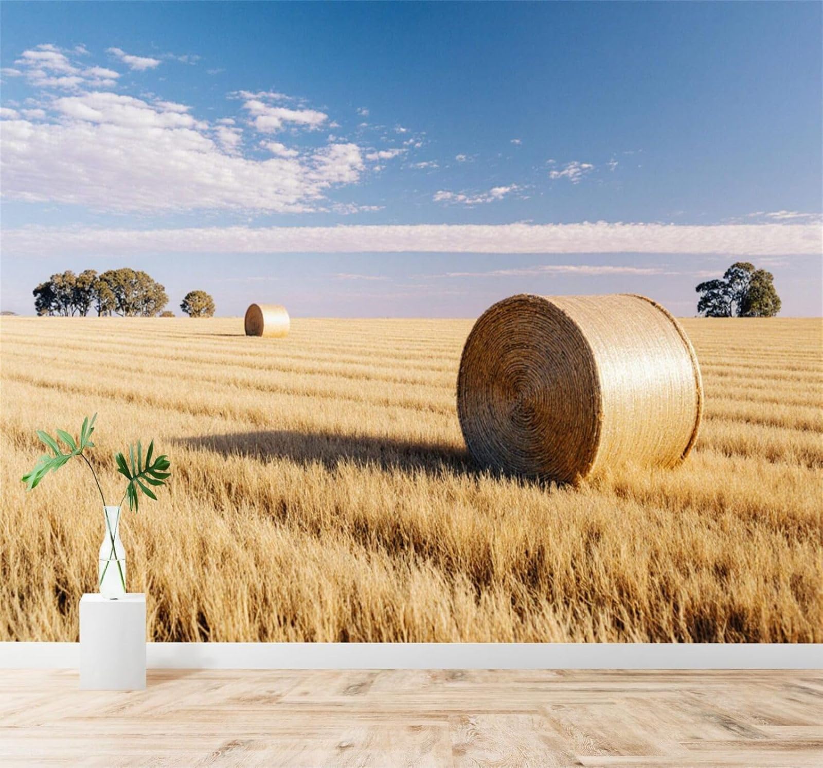 XLMING Golden Wheat Fields Hay Bales Trees Blue Sky Landscape 3D Wallpaper Silky Texture Home Study Office Grey Dining Room Sofa Bedroom Living Room TV Backdrop-250cm×170cm