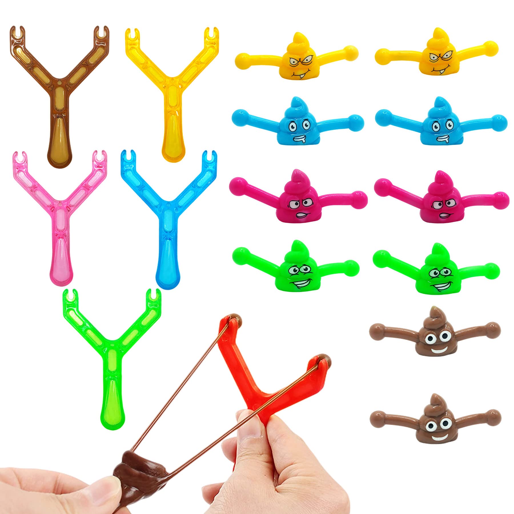 15pcs Funny Poo Slingshot Toy Set for Kids Adult-5 Colorful Catapult Poo Slingshot with 10 Colorful Mochi Squishy Toys Joke Gifts,Poop Finger Shooting Slingshot Prank Toy for Kids,Xmas Stocking Filler