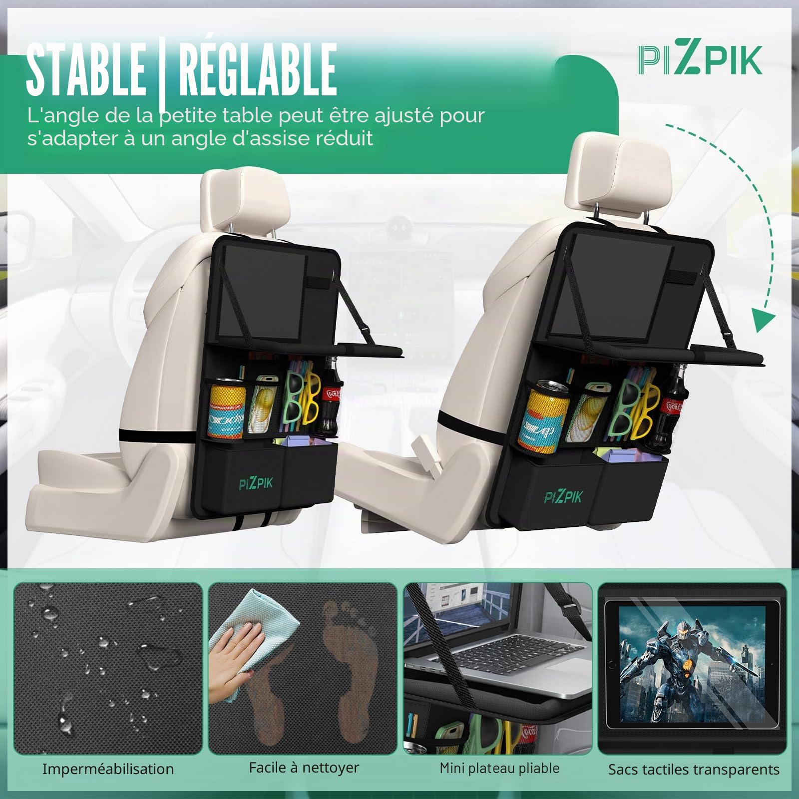 Plzpik Organiseur de siège de voiture avec support de tablette, 11 poches de rangement avec plateau alimentaire pliable, tapis de protection pour enfants, organisateur d'accessoires de voyage