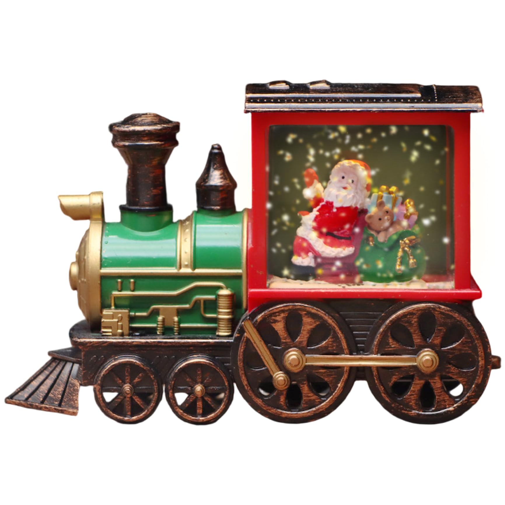 Bola de nieve navideña de tren con luces, música y purpurina giratoria a pilas