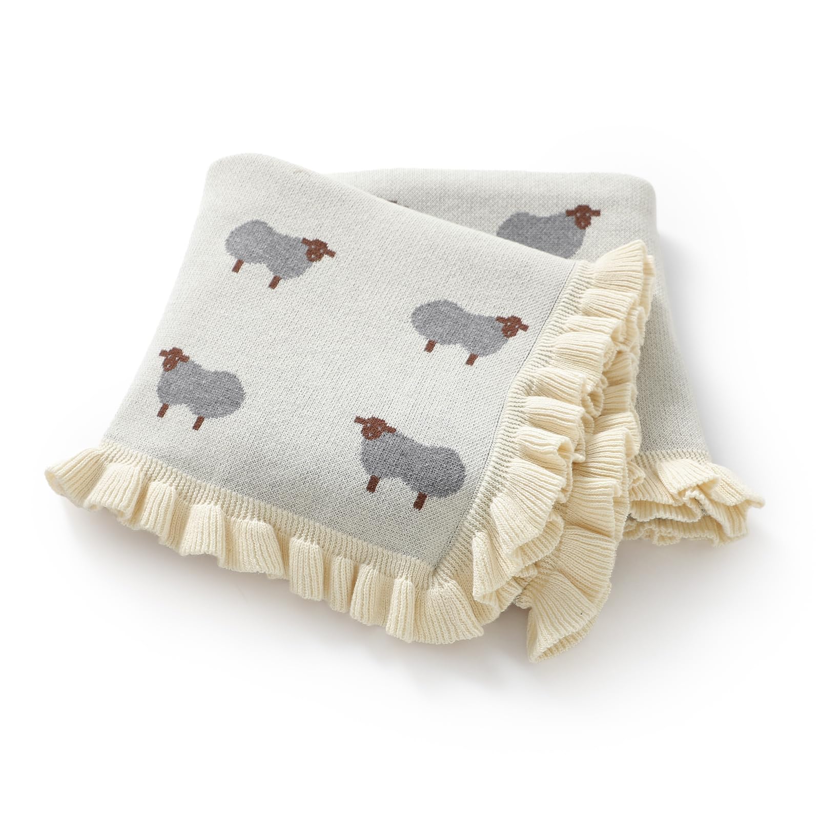 Hadetoto Cotton Baby Blanket Knit Ruffle Blankets Cartoon Sheeps Baby Gifts Essentials for Newborn Boys Girls (Ivory)