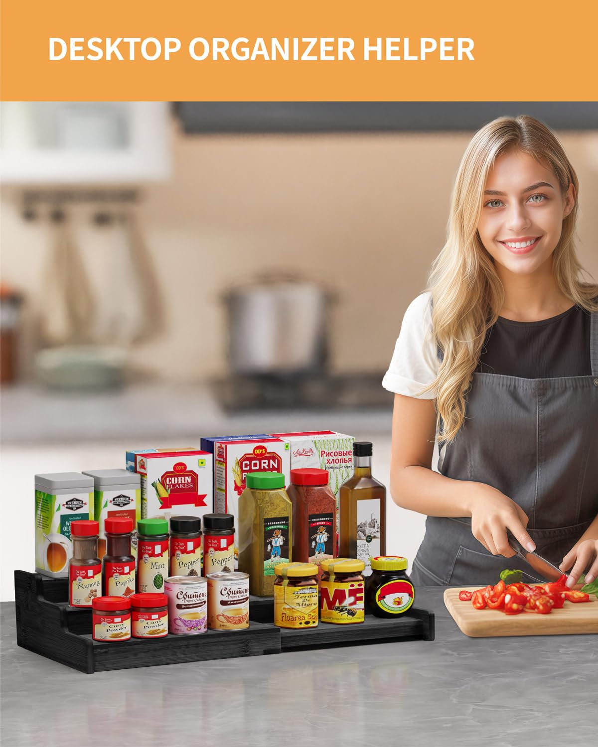 VenDotbi Organizador de especias, organizador de especias de bambú expandible de 3 niveles, ideal para armario de cocina, armario, despensa y más, negro (paquete de 2)