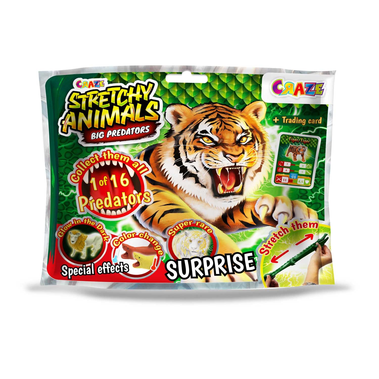 CRAZE Stretchy Animals Big Predators kompletny zestaw – 12 bardzo rozciągliwych figurek zwierząt, drapieżniki do kolekcjonowania, z elastyczną skórą i specjalnym wypełnieniem