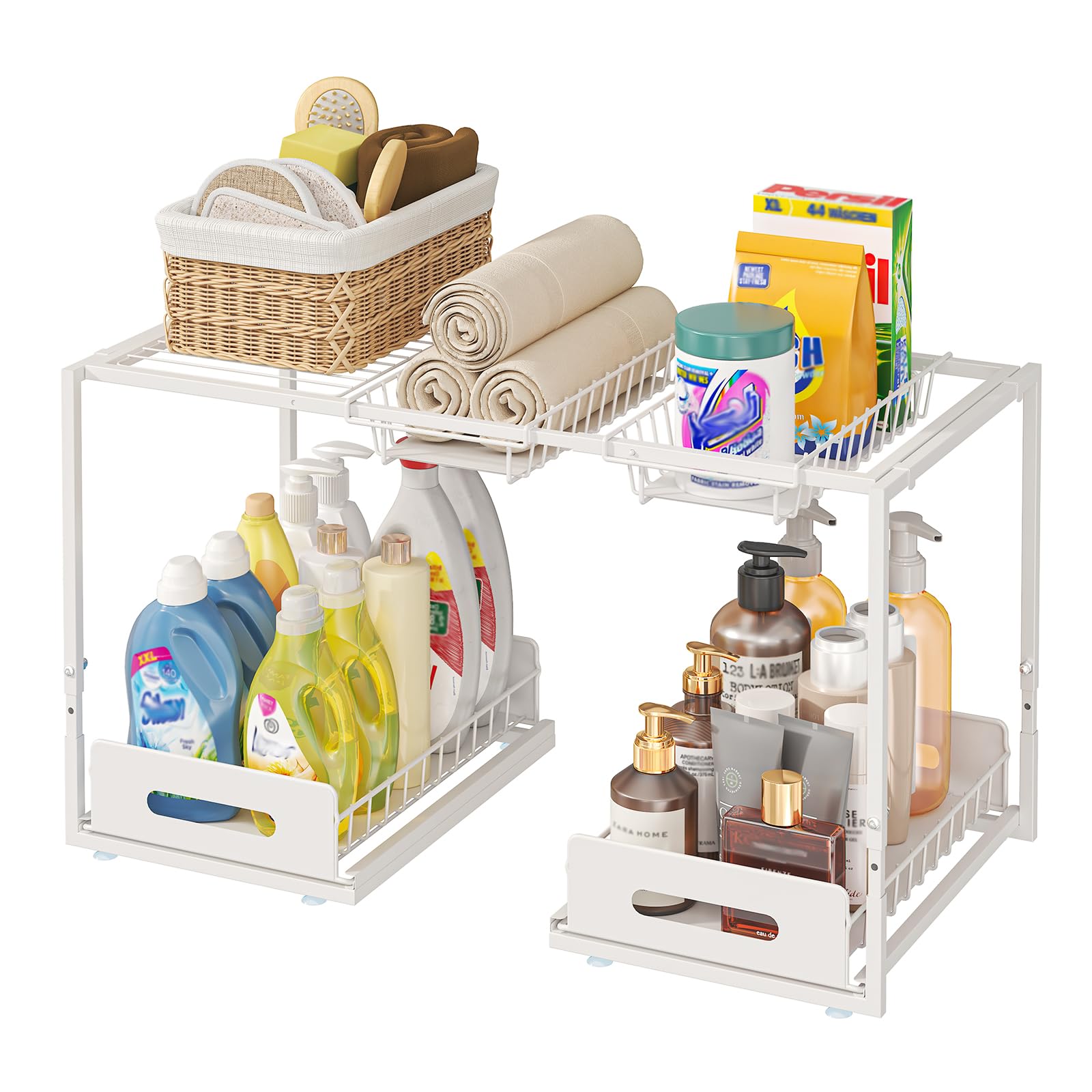 YunNasi Organizer Sottolavello Cucina, Salvaspazio 2 Livelli Cestelli in Acciaio, Cassetto Scaffale Organizzatore Regolabili in Altezza per Cucina Bagno (Nero, B-Stile)