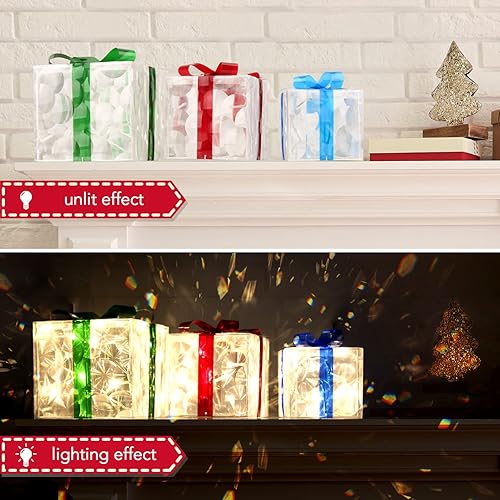Miniatura 5 de Opawel Juego de 3 cajas de regalo iluminadas con 60 luces LED, cajas de regalo transparentes con lazos, decoraciones de árbol de Navidad, para