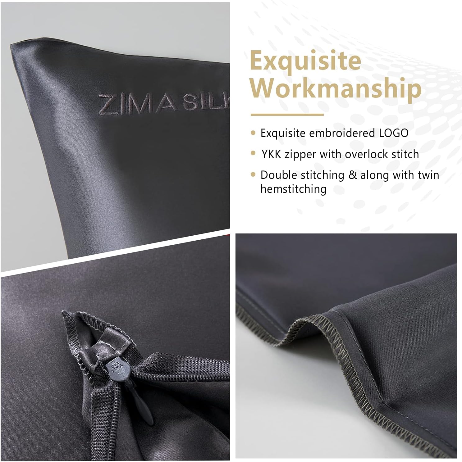 ZIMASILK 100% Luxurious 25 Momme Mulberry Silk Pillowcase for Hair and Skin, Heath & Smooth, Reinforced Hidden Zipper with Embroidered Logo, 1 Pc Designed Gift Box (Charcoal Grey, Standard 20''x26'')