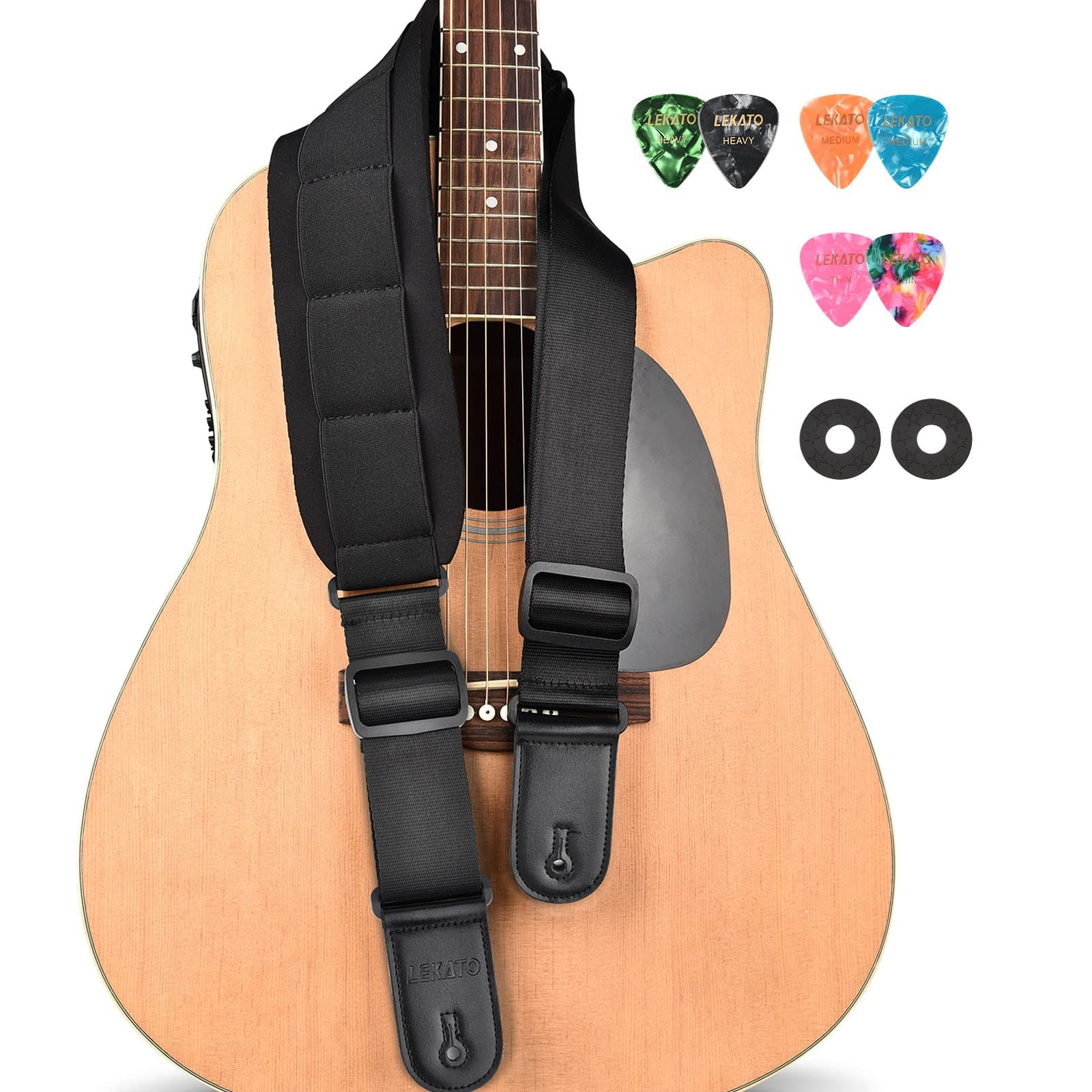 LEKATO Correa de guitarra acolchada de algodón con extremos de cuero genuino correas ajustables para guitarra baja eléctrica con 6 púas de guitarra 2 cerraduras de correa