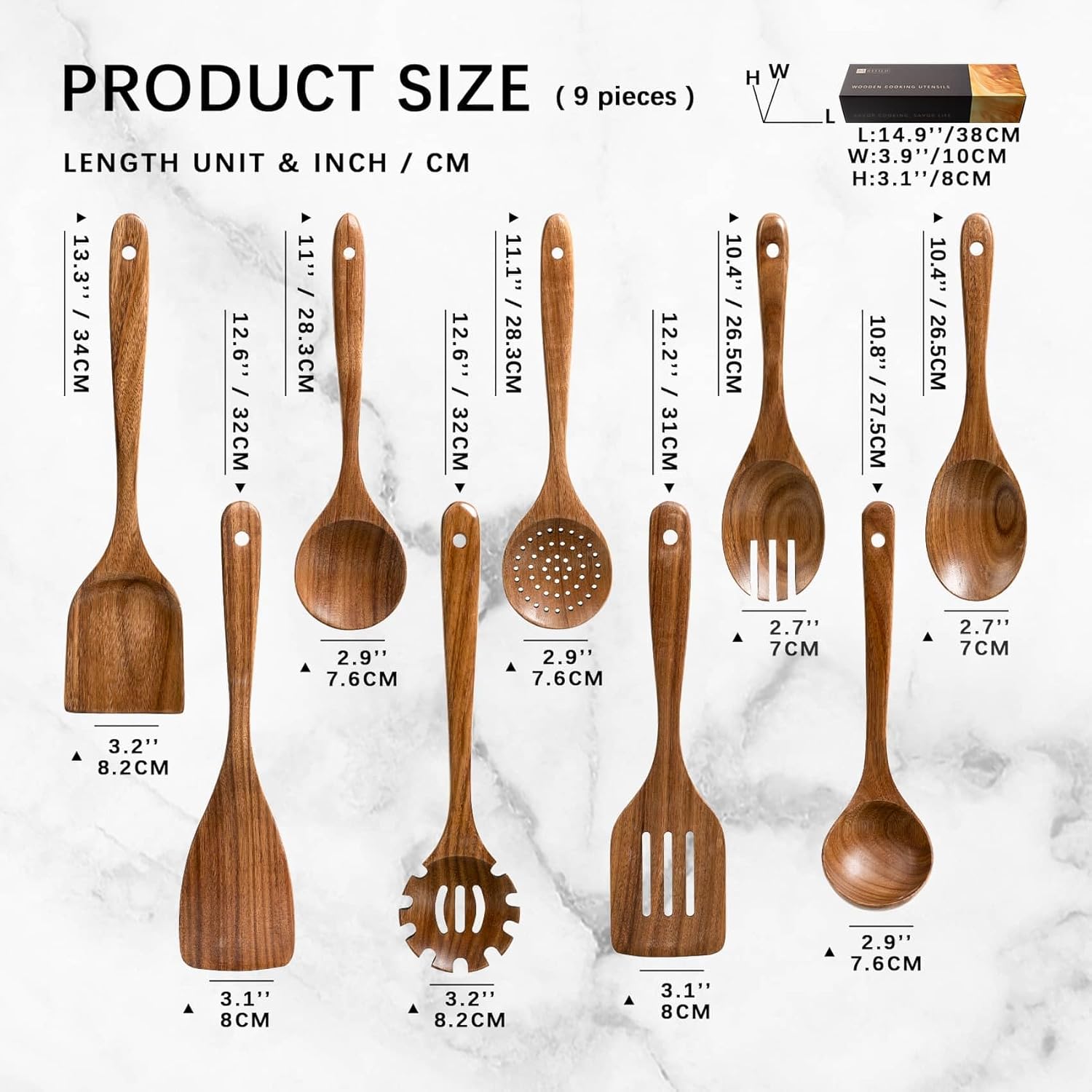 Wooden Spoons for Cooking, Nonstick Cooking Utensil Set with 9 Piece Acacia Wooden Spatulas and Spoons for Cooking & 4PCS 7.8inch Wooden Spoons for Honey and Coffee