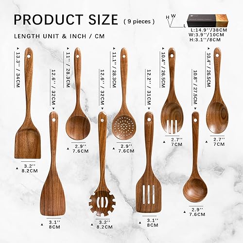 Miniatura 2 de Cucharas de madera para cocinar, juego de utensilios de cocina antiadherentes con 9 espátulas de madera de acacia y cucharas para cocinar, excelente