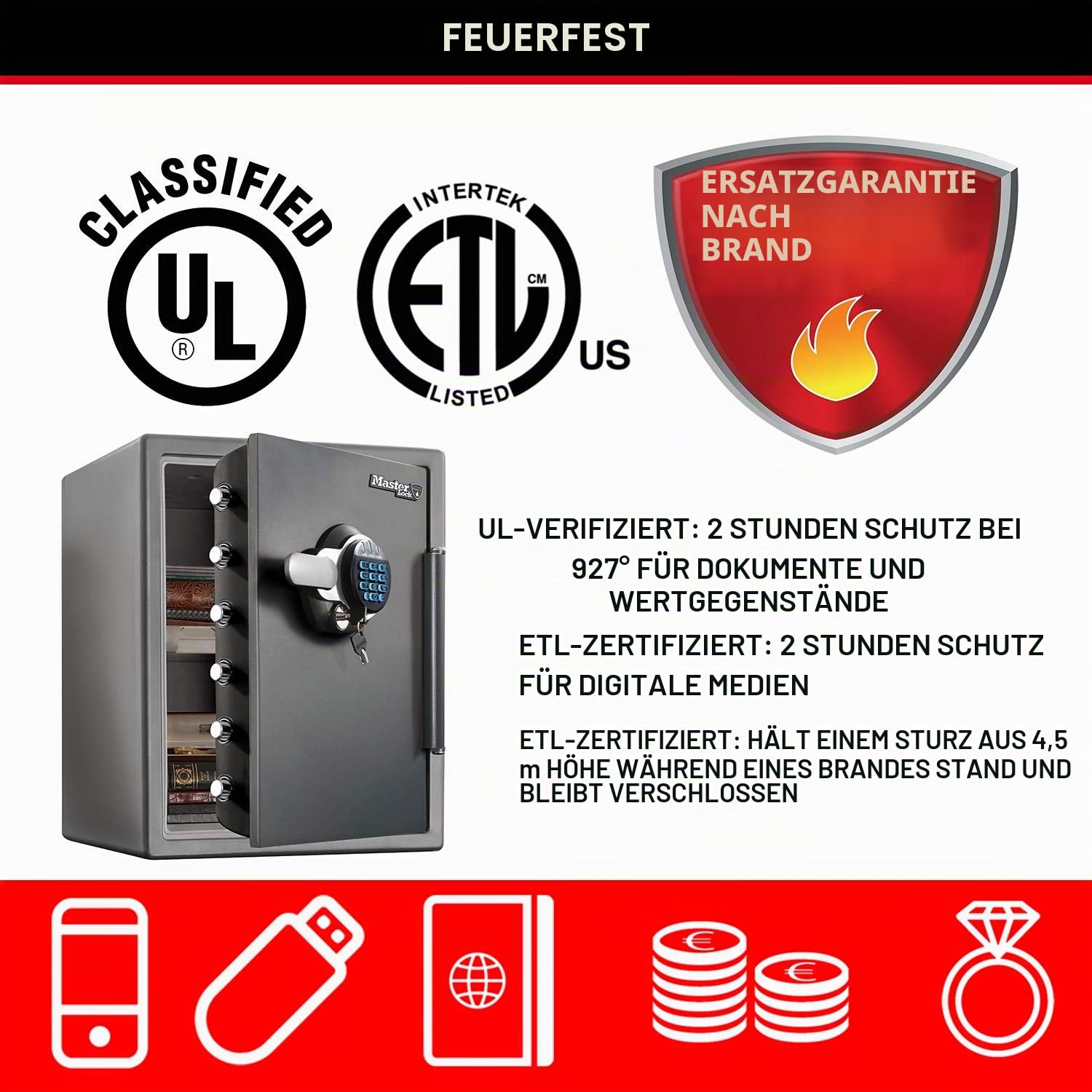 Master Lock Tresor Feuerfest und Wasserdicht mit Zahlencode und Schlüssel, Dreifacher Schutz - Flug, Feuer und Flut, elektronische Kombination und Schlüssel, 56,6 L, 60.3 x 47.2 x 49.1 cm