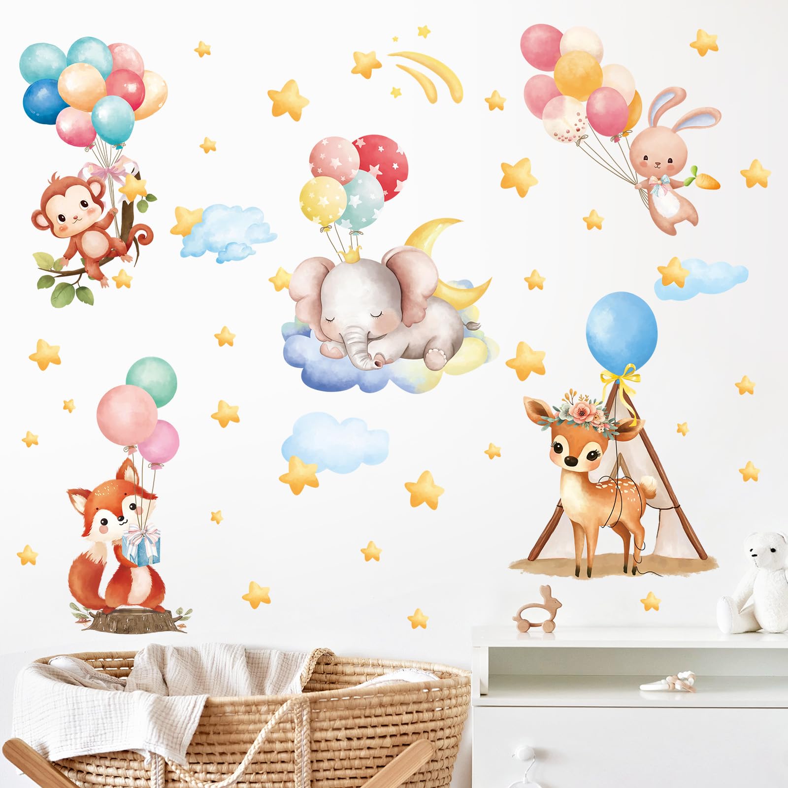 SHUCHING Hot Air Balloon Animals Wall Stickers for Kids' Bedroom Playroom, Elephant Fox Giraffe Wall Decals for Baby Room Nursery