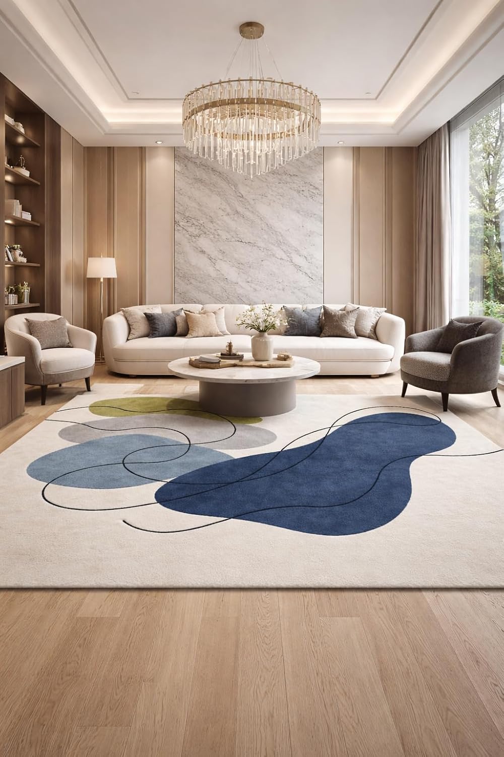 Modern Abstract Area Rug, Blue Green Gray Beige, Organic Flowing Shapes Design, Contemporary Home Decor (9 * 10 feet)