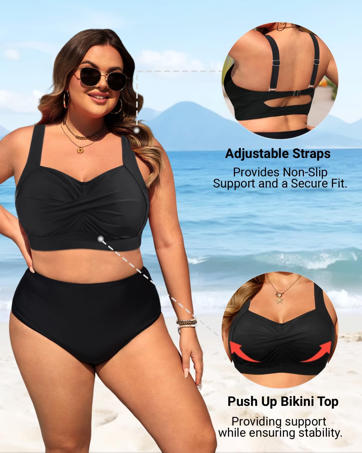 Daci Women Plus Size Push up Bikini Top Only Full Coverage Swimsuit Tops Twist Front Bathing Suit Bra for Large Bust