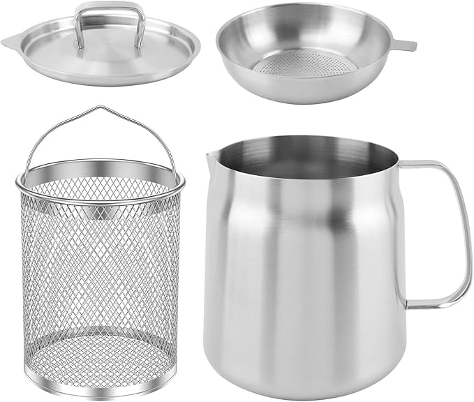 2L Stainless Steel Oil Filter Pot, 2 in 1 Multifunctional Oil Strainer Pot with Strainer, Large Capacity Versatile Oil Filter Vessel, Kitchen Milk Pot for Tea Coffee