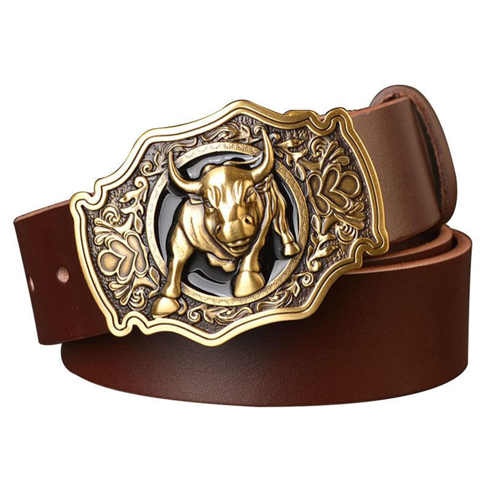 Cinture, Cintura da Rodeo da Uomo, Cintura da Cowboy Western in Pelle da Uomo con Fibbia in Metallo con Motivo Toro dalle Corna Lunghe,Marrone,115CM/45.3''
