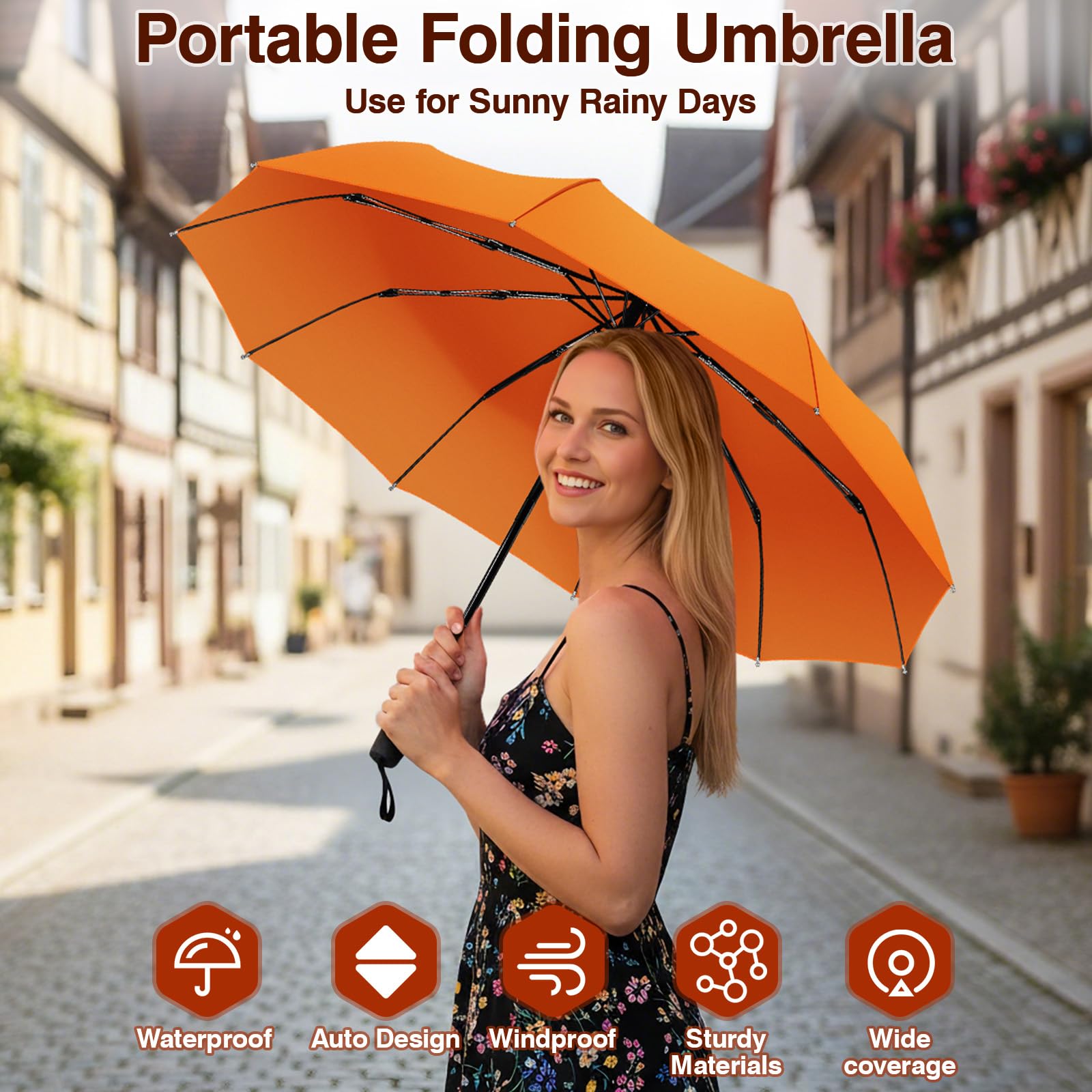 ZOMAKE Small Travel Umbrella Compact Portable Collapsible Umbrellas for Rain, Windproof, Automatic Lightweight Paraguas for Women, Men(Orange)