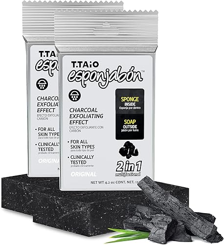 T.Taio Esponjabon - Esponja de jabón de carbón - Limpiador de ducha - Limpieza de baño - Eliminación de aceite - Masaje y espuma de pies, codo y