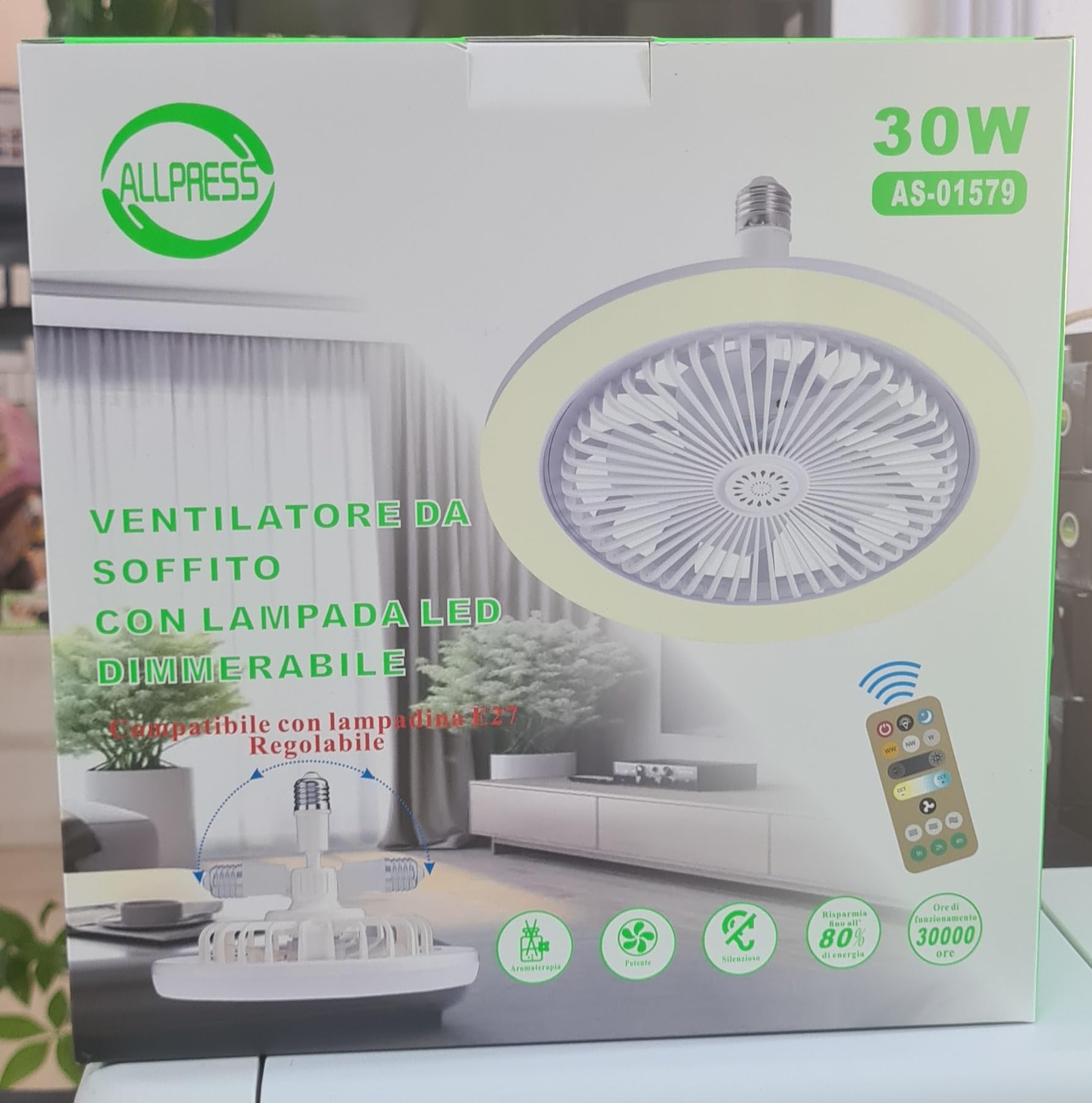 ALLPRESS Ventilatore da Soffitto con Luce LED, Attacco E27, Materiale ABS, Regolabile, Design 2 in 1, con Telecomando, per Casa e Ufficio AS-01579