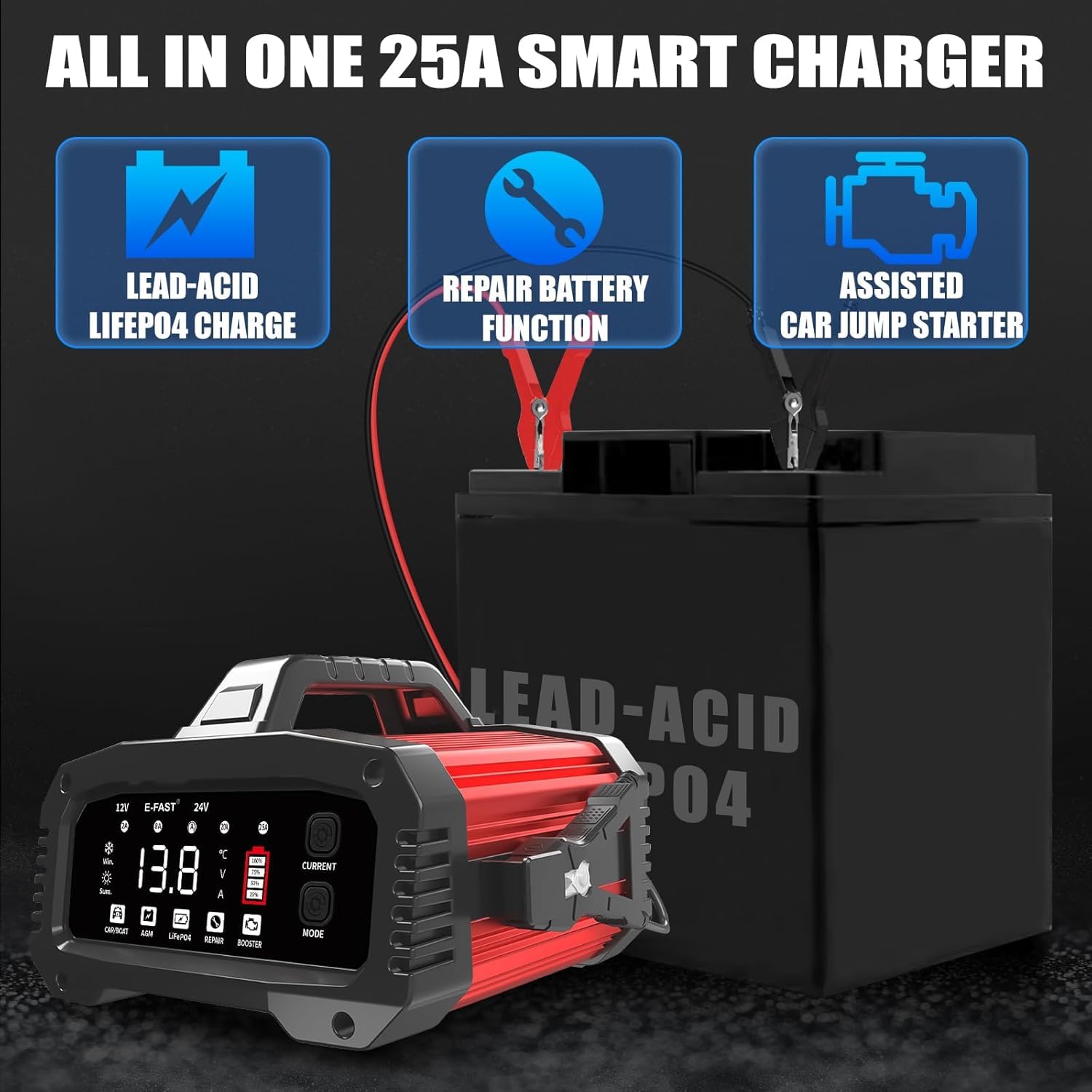 25A Chargeur de Batterie Voiture LiFePO4 12V/24V Auto Intelligent avec Écran LCD pour Voiture Moto Camion, AGM, Gel, Wet