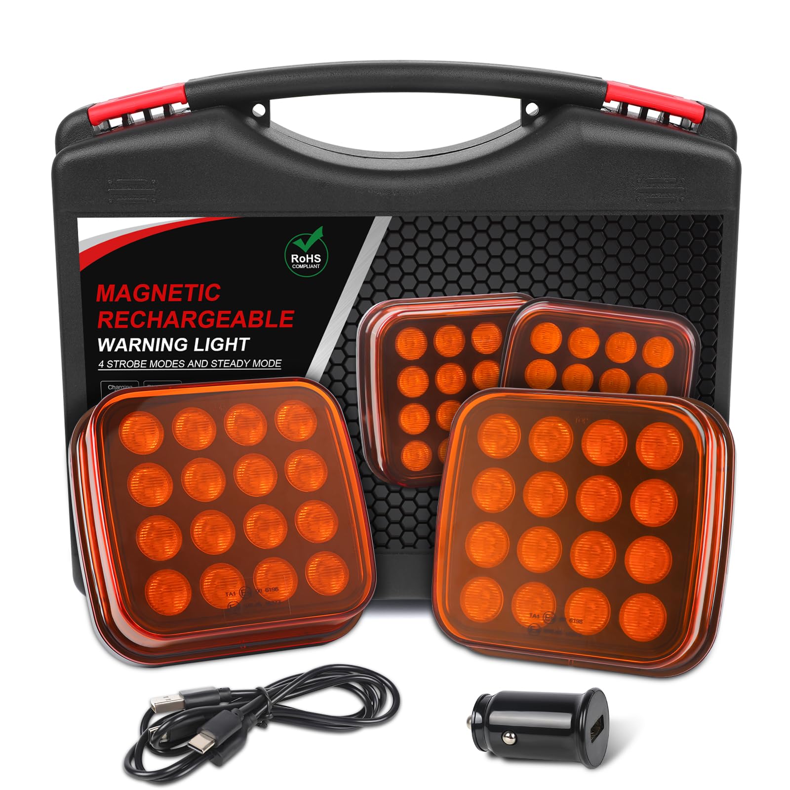 AOHEWEI Kit Luci di Emergenza LED Senza Fili, 12V/24V 5 Modalità Ricaricabili Magnetiche Lampeggianti Ambra, Lampada Stroboscopica per Camion Trattori Autobus Veicoli