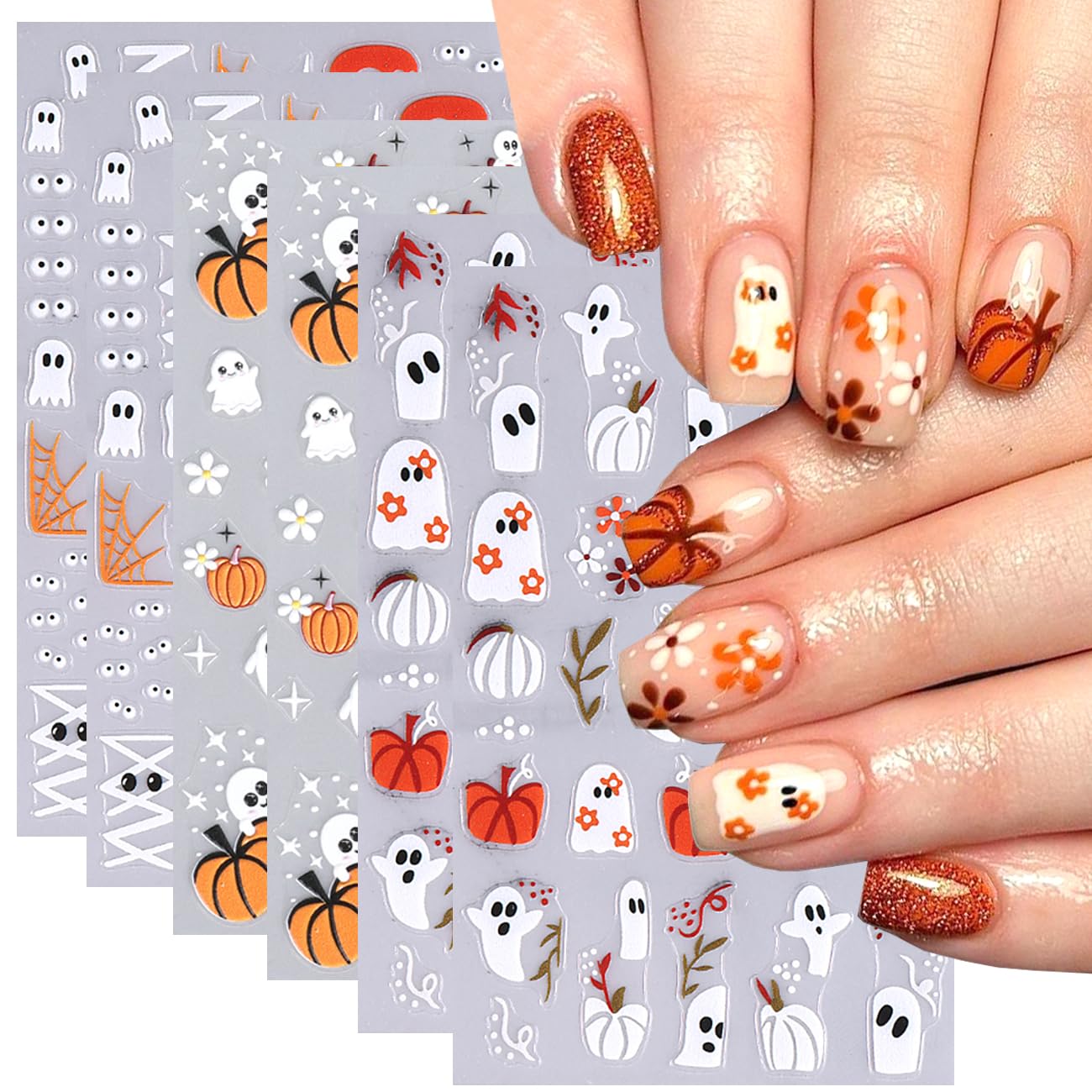 6Sheets Halloween Nail Art Stickers Cute Ghost Pumpkin Nail Decals with Cartoon Ghost Flowers Spider Web Eyes Nail Design 3D Self-Adhesive Nail Supplies DIY Halloween Manicure Decorations for Women