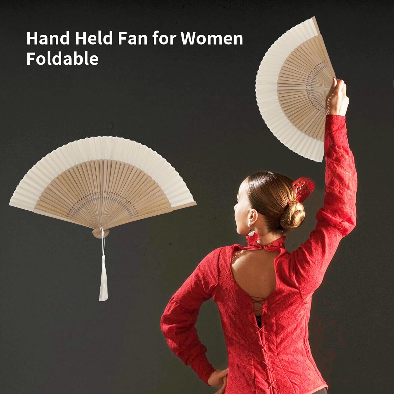 14.96" Classical Folding Fans for Women Foldable,Bamboo Silk Folding Fans Hand Fan for Dance Music Festival Wedding Decoration,White